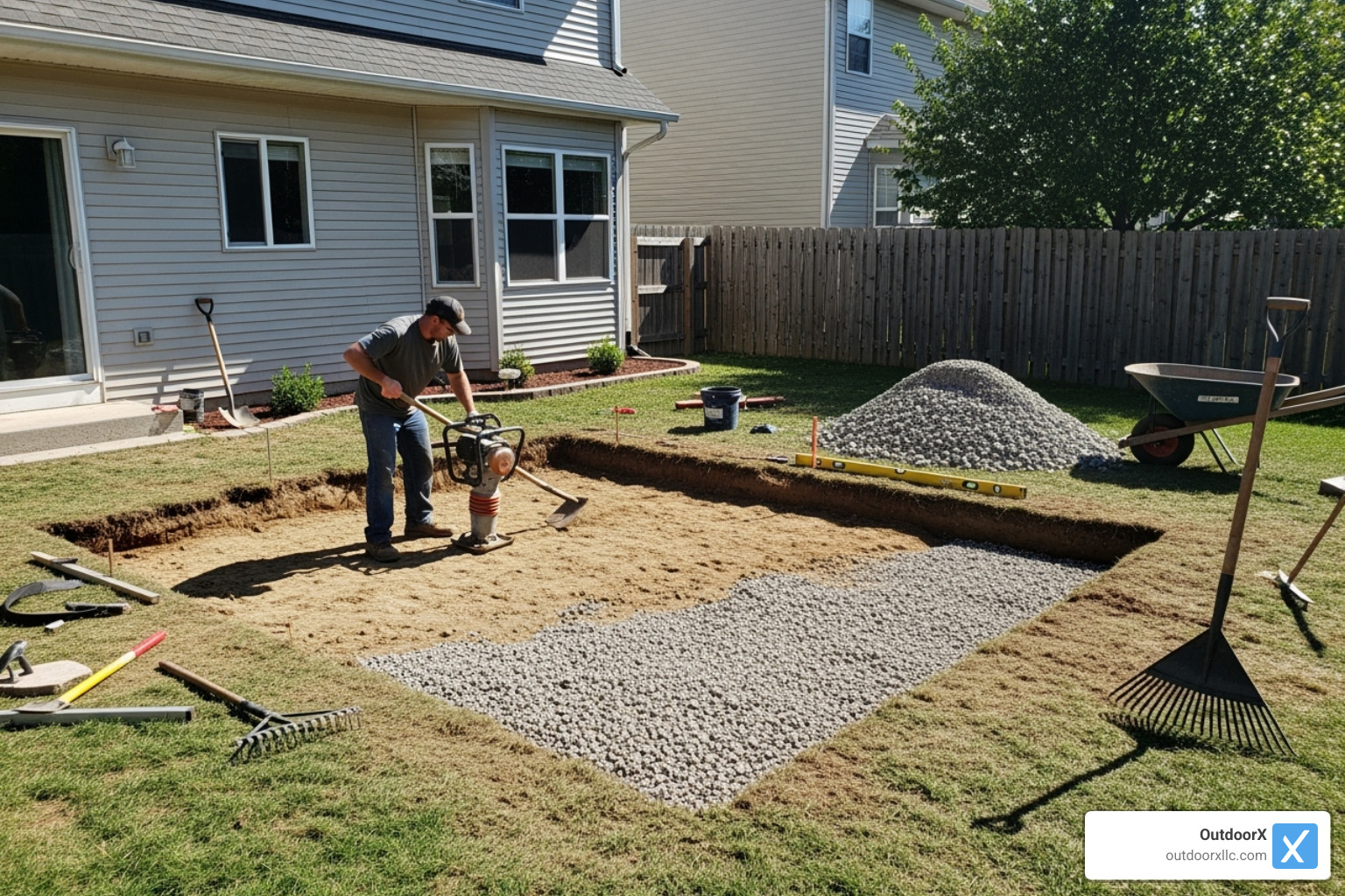 excavation and base preparation phase of a patio build - building a crushed stone patio