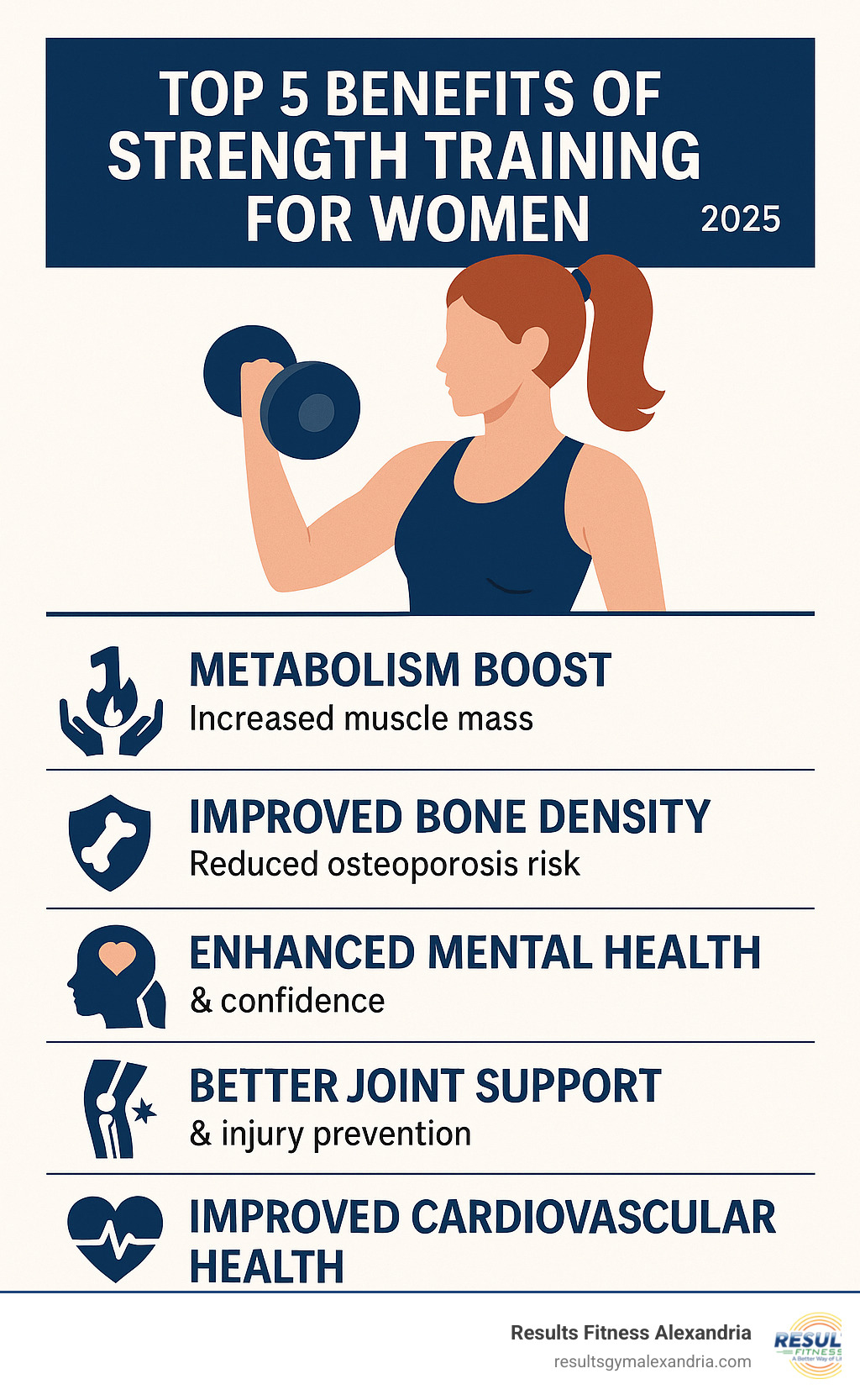 Infographic showing the top 5 benefits of strength training for women: metabolism boost through increased muscle mass, improved bone density reducing osteoporosis risk, improved mental health and confidence, better joint support and injury prevention, and improved cardiovascular health - women's beginner gym workout infographic 