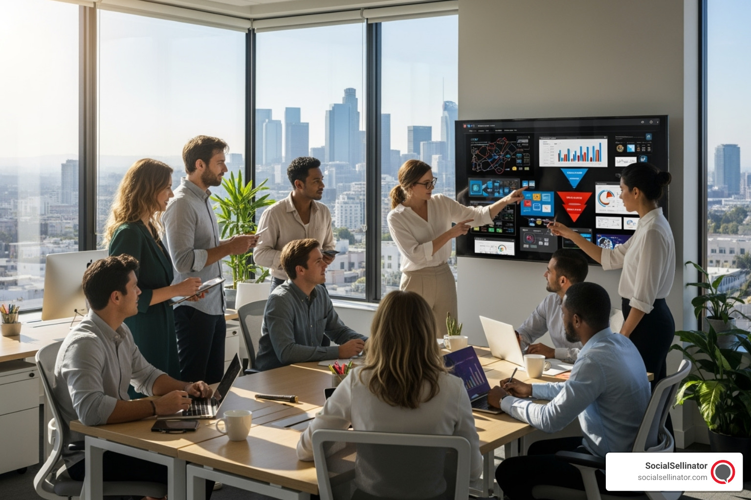A diverse team of web designers and digital marketing strategists collaborating in a modern, sunlit office space, discussing project plans on a large screen with a Los Angeles city view in the background, symbolizing innovation and teamwork. - Los Angeles web design