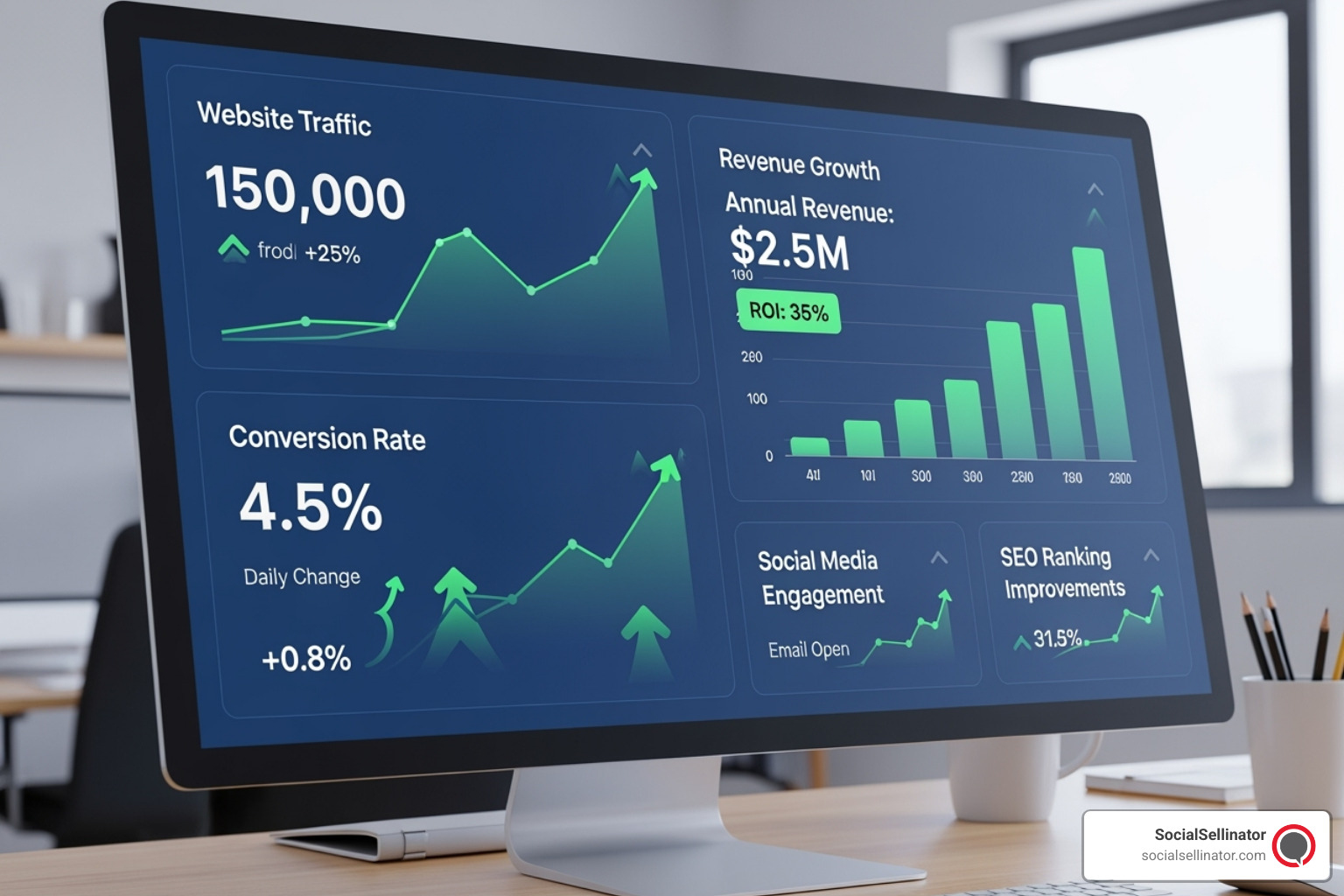 A vibrant digital dashboard displaying key performance indicators like website traffic, conversion rates, and revenue growth, with upward trending graphs and positive financial metrics, symbolizing successful digital marketing and a strong ROI. - Los Angeles web design