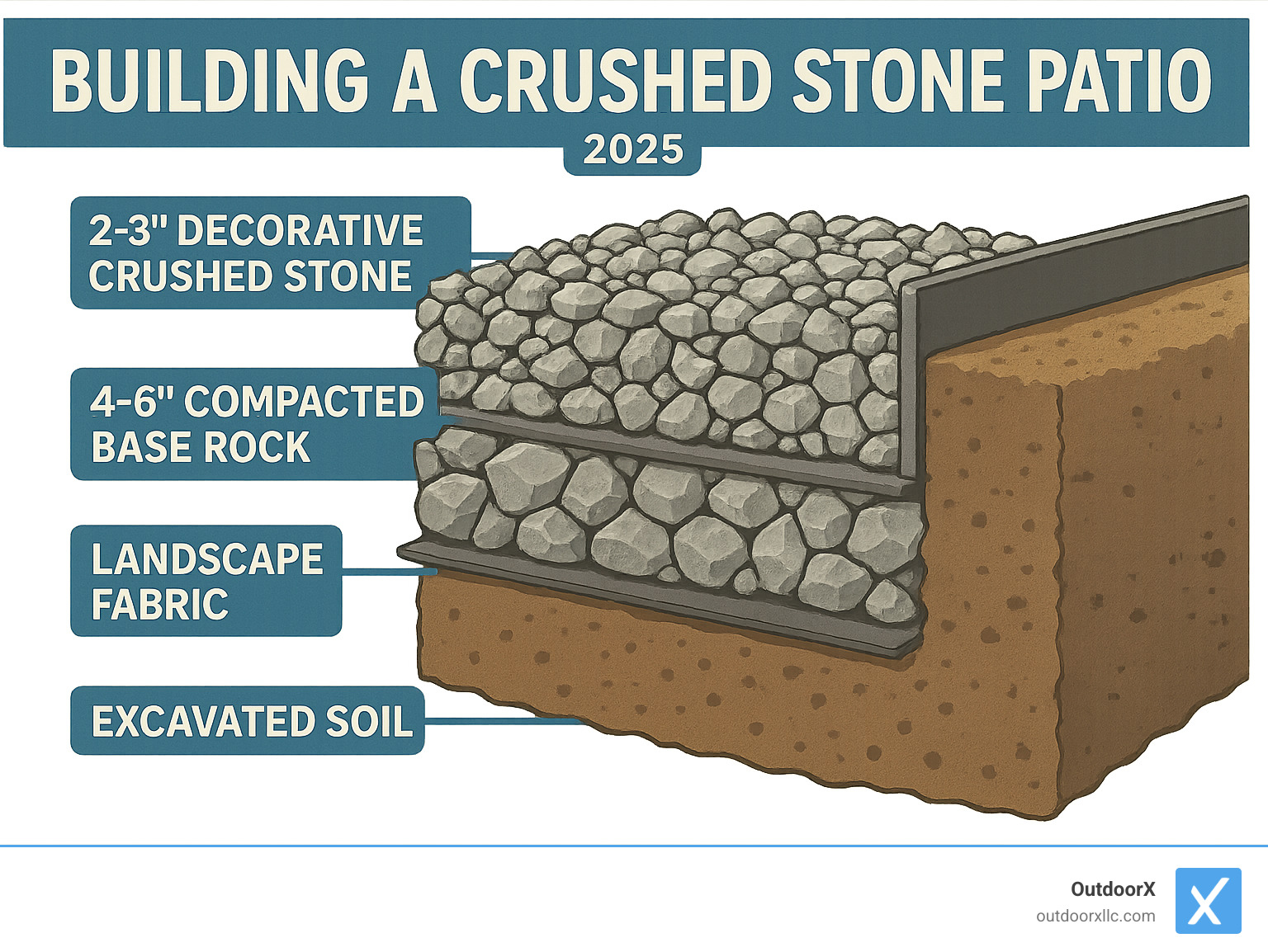 Infographic showing cross-section of crushed stone patio construction with labeled layers: excavated soil at bottom, landscape fabric barrier, 4-6 inch compacted base rock layer, and 2-3 inch decorative crushed stone top layer with metal edging - building a crushed stone patio infographic 