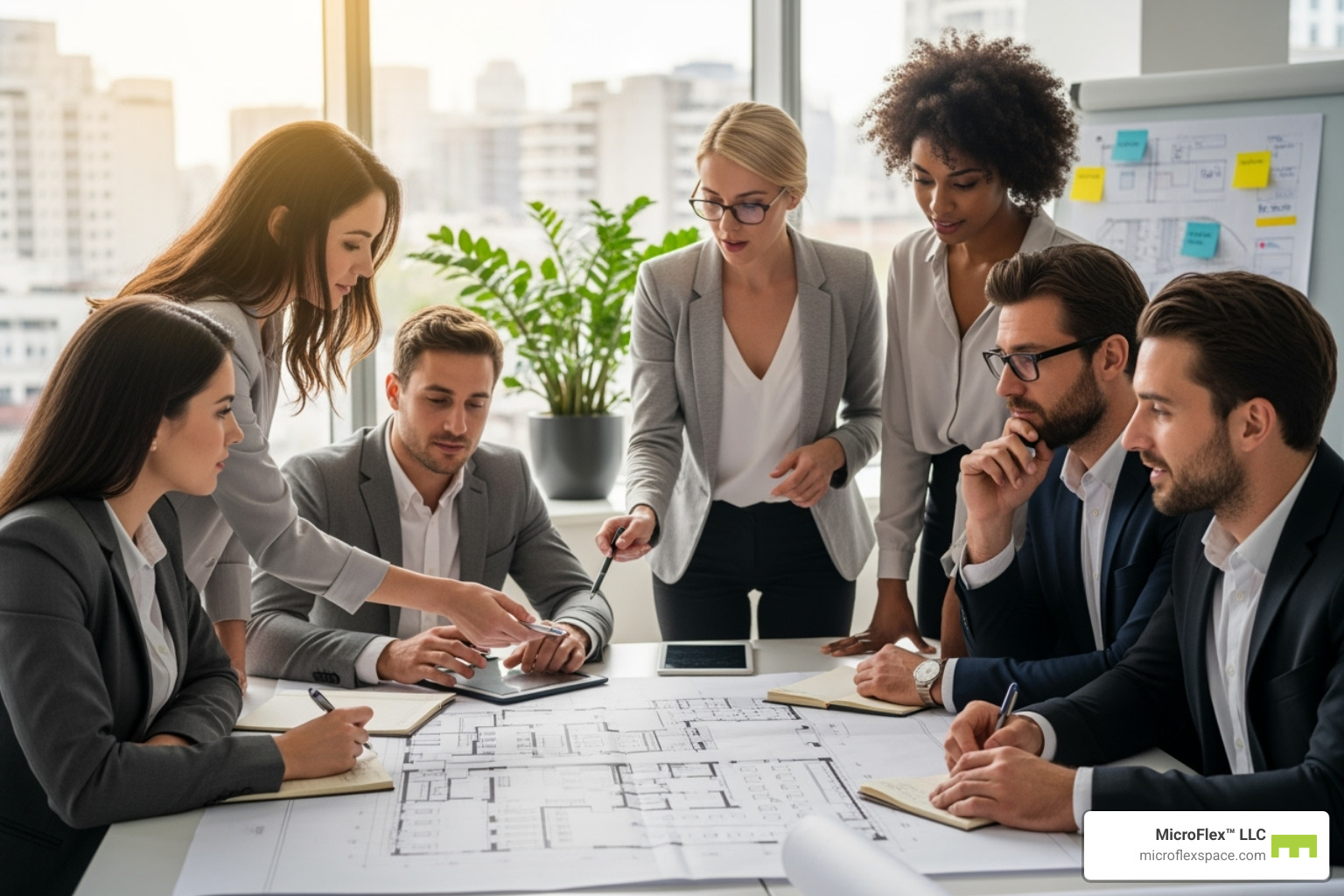 Image of a business team planning their office layout on a blueprint - commercial leasing space Image of a business team planning their office layout on a blueprint - commercial leasing space