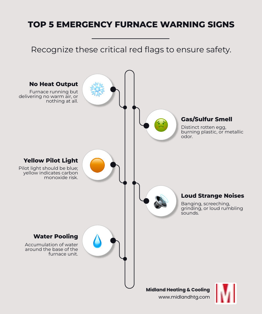 Infographic showing the top 5 emergency furnace warning signs: no heat output, gas/sulfur smell, yellow pilot light instead of blue, loud banging or screeching noises, and water pooling around the unit - 24 hour furnace repair minneapolis infographic infographic-line-5-steps-neat_beige