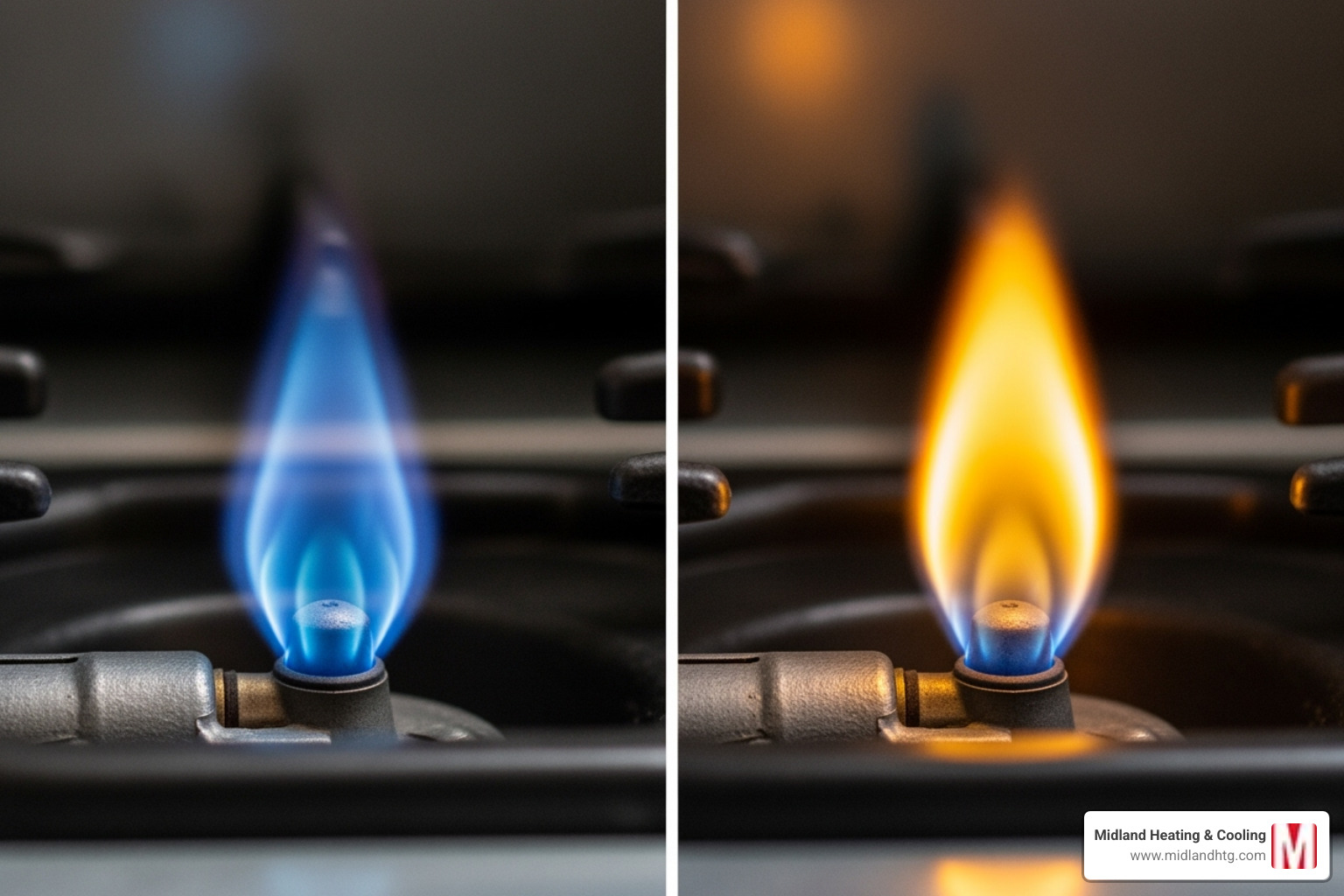 Image comparing a healthy blue pilot light to a problematic yellow pilot light - 24 hour furnace repair minneapolis