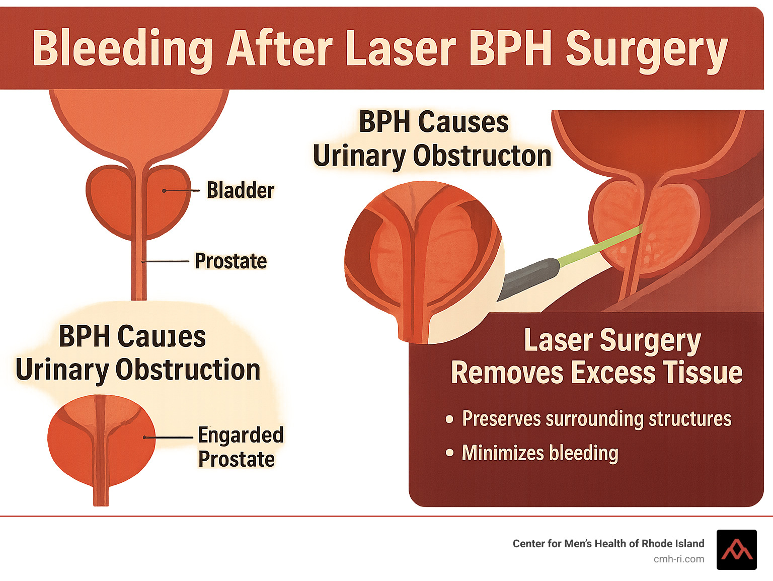 Infographic showing the prostate gland location in the male urinary system, highlighting how BPH causes urinary obstruction and how laser surgery removes excess tissue while preserving surrounding structures and minimizing bleeding through precise tissue vaporization - does the laser treatment for bph cause bleeding periodically infographic Infographic showing the prostate gland location in the male urinary system, highlighting how BPH causes urinary obstruction and how laser surgery removes excess tissue while preserving surrounding structures and minimizing bleeding through precise tissue vaporization - does the laser treatment for bph cause bleeding periodically infographic