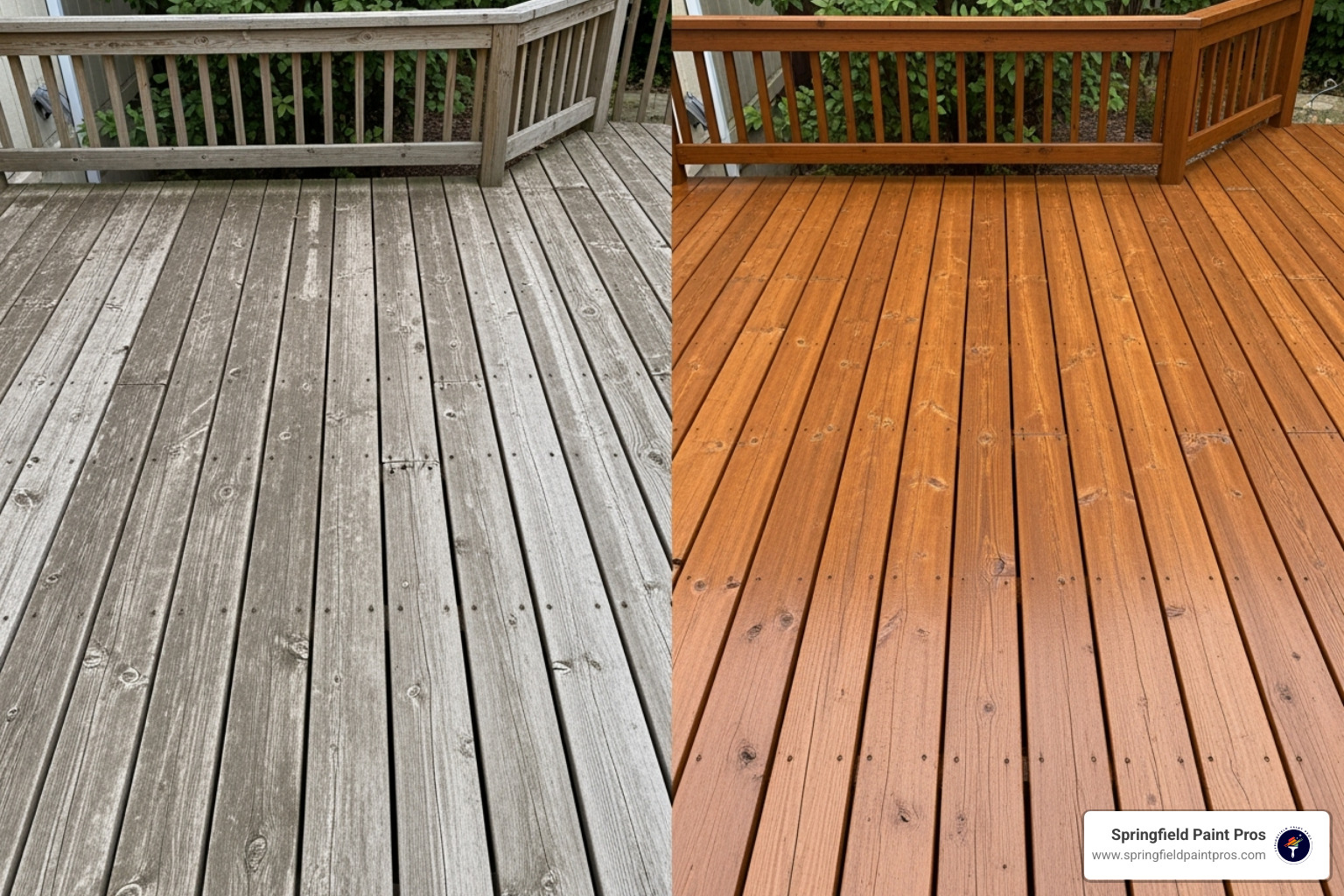Before and after of a commercial deck restoration - deck staining services Before and after of a commercial deck restoration - deck staining services