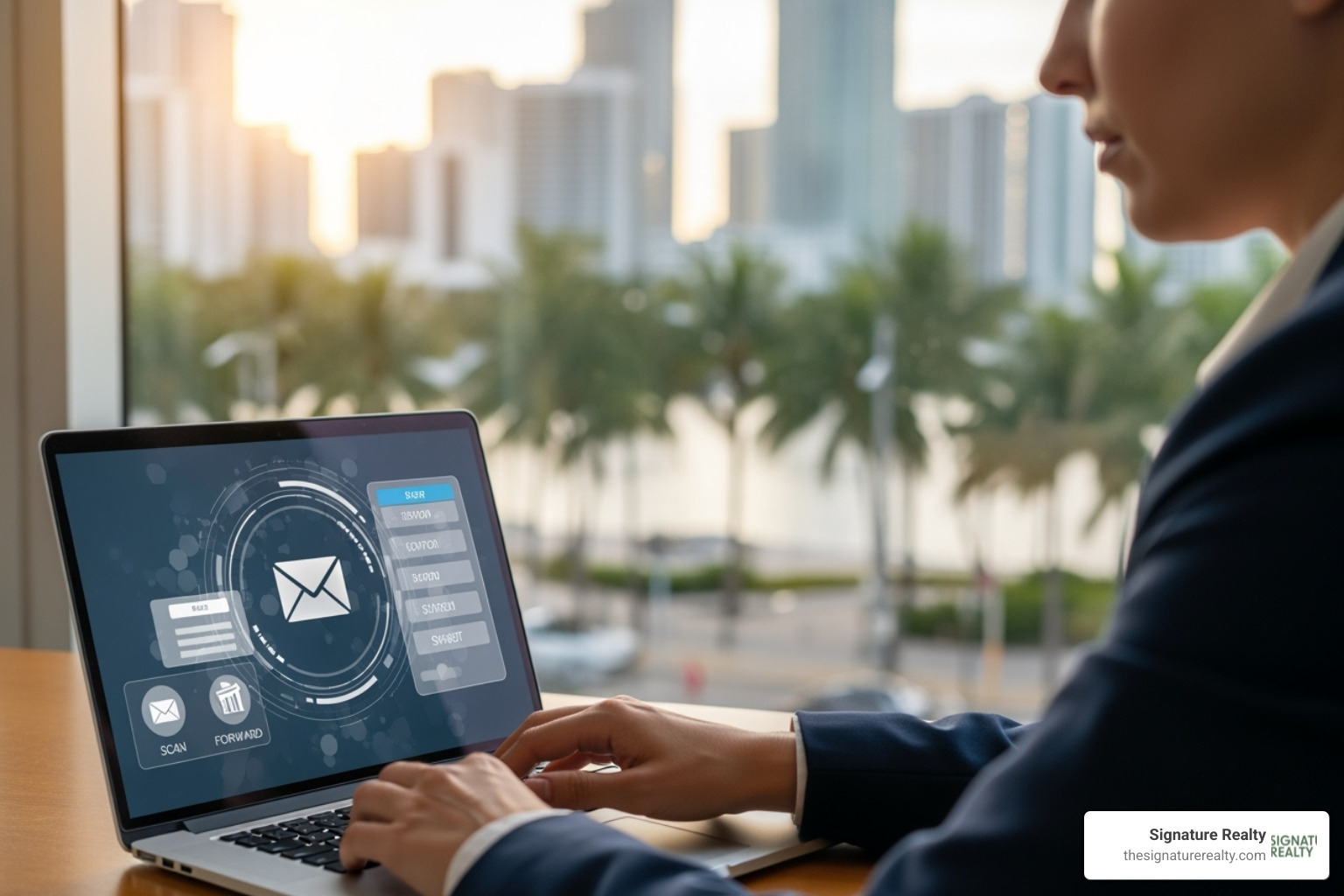 A professional managing their mail on a laptop with a Miami background, showing a digital interface with mail items. - Miami virtual address A professional managing their mail on a laptop with a Miami background, showing a digital interface with mail items. - Miami virtual address