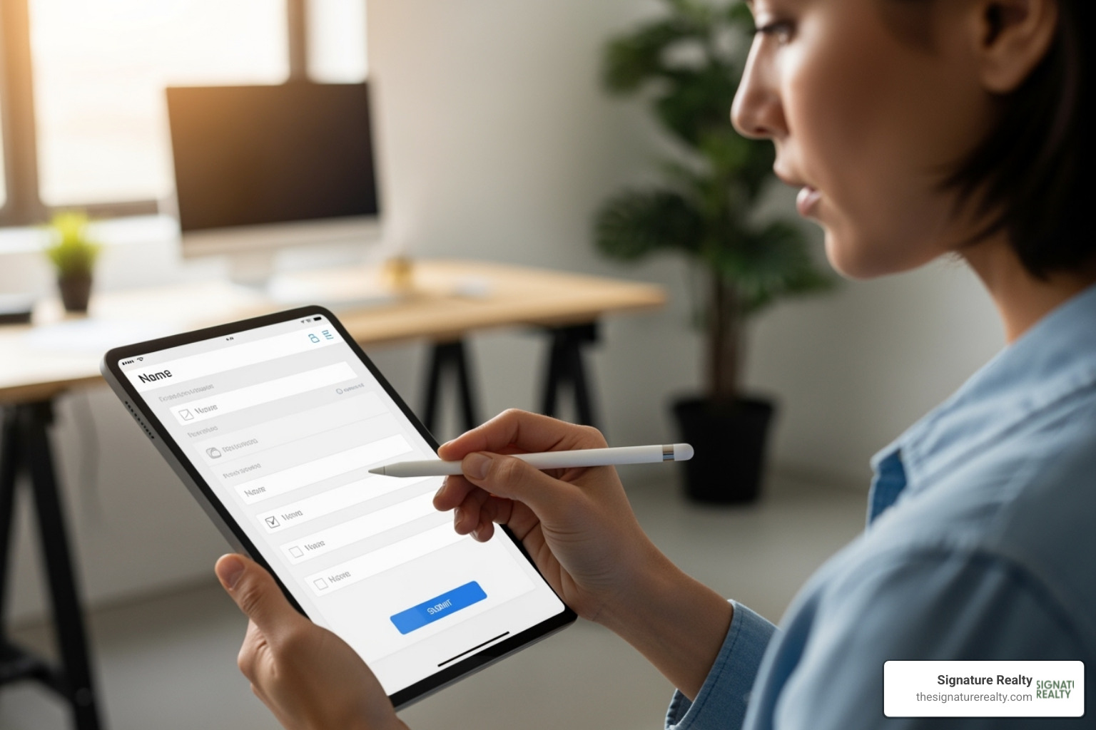 A person diligently filling out an online form on a tablet, symbolizing the digital process of completing legal documentation for a virtual address. - Miami virtual address A person diligently filling out an online form on a tablet, symbolizing the digital process of completing legal documentation for a virtual address. - Miami virtual address