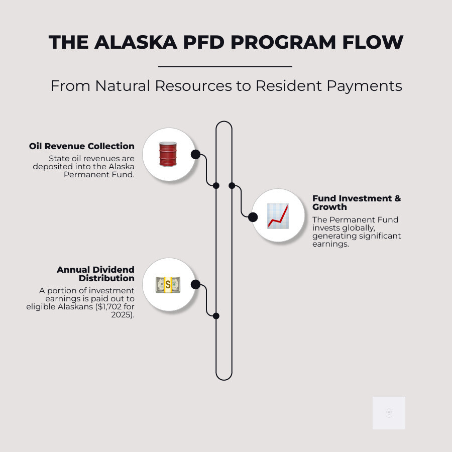 Infographic showing Alaska Permanent Fund Dividend payment flow: oil revenue extraction leads to Permanent Fund deposits, which generate investment returns that fund annual $1,702 payments to 600,000+ eligible Alaska residents through direct deposit or paper checks on scheduled dates throughout 2025 - alaska permanent fund dividend stimulus payment infographic infographic-line-3-steps-neat_beige
