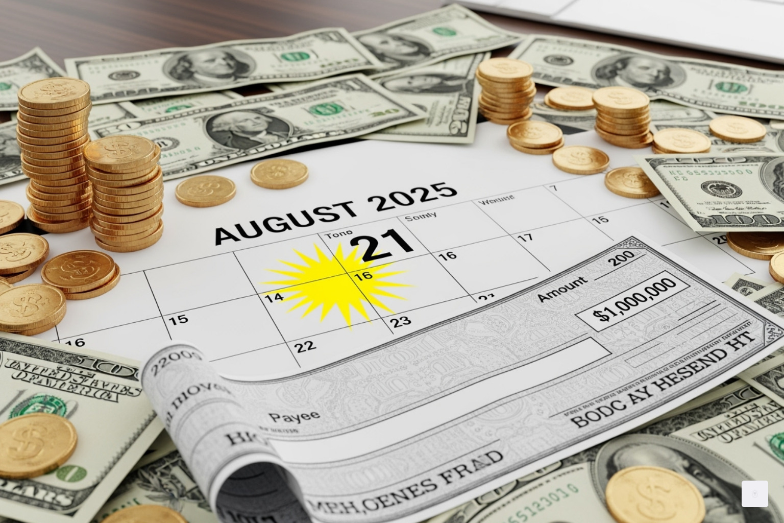 A calendar with August 21, 2025 highlighted, surrounded by illustrations of money and a check - alaska permanent fund dividend stimulus payment