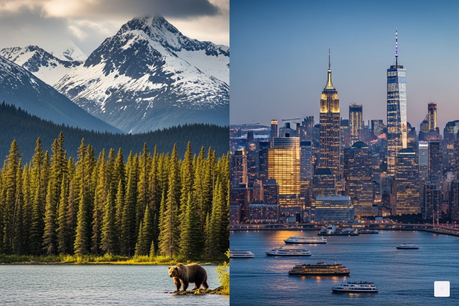 Split screen showing a majestic Alaskan wilderness on one side and the iconic New York City skyline on the other - alaska permanent fund dividend stimulus payment