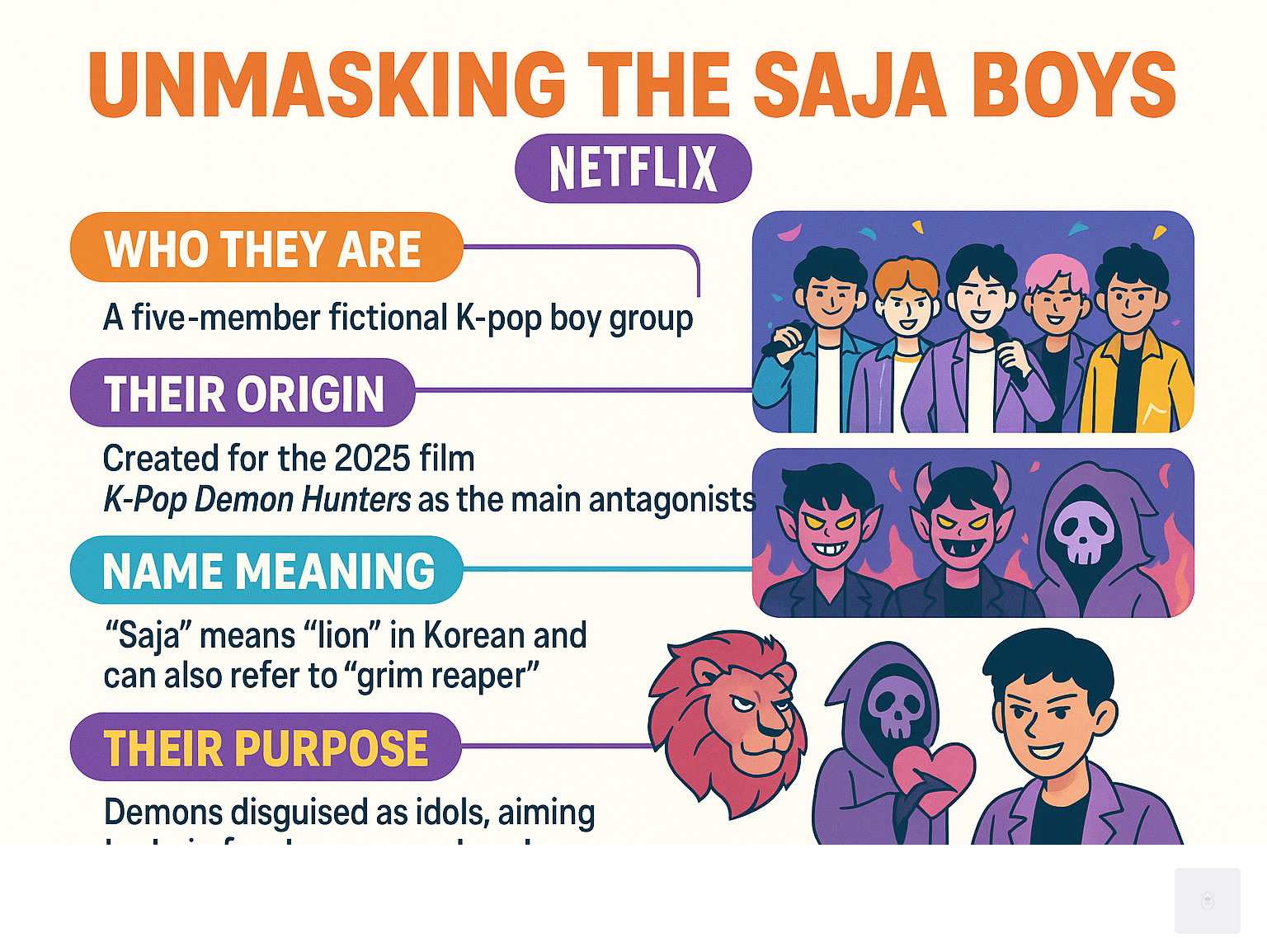 Infographic detailing the origin, meaning, and role of the Saja Boys in the Netflix film KPop Demon Hunters - saja boys infographic 