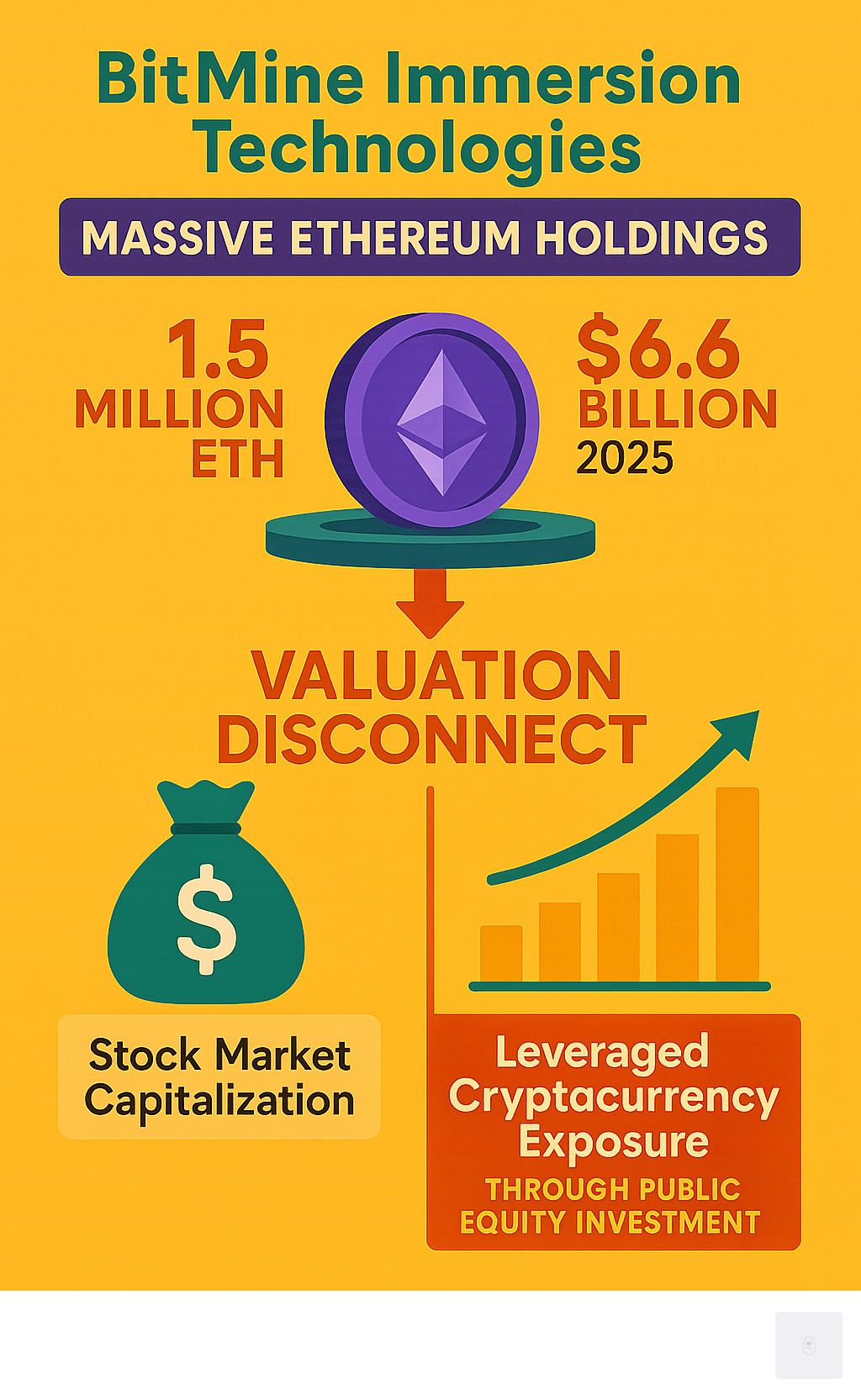 Infographic showing how BitMine Immersion Technologies' massive Ethereum holdings of 1.5 million ETH worth $6.6 billion create a valuation disconnect with its stock market capitalization, illustrating the concept of leveraged cryptocurrency exposure through public equity investment - bmnr stock infographic 