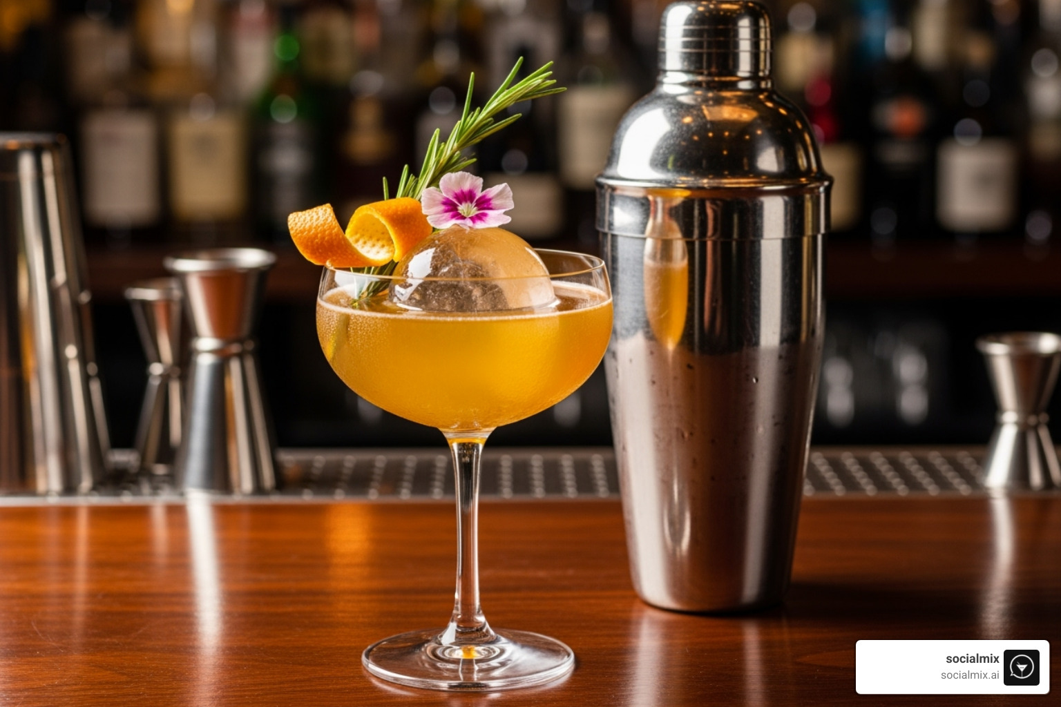 Finished, beautifully garnished cocktail next to a shaker - boston shaker vs cobbler