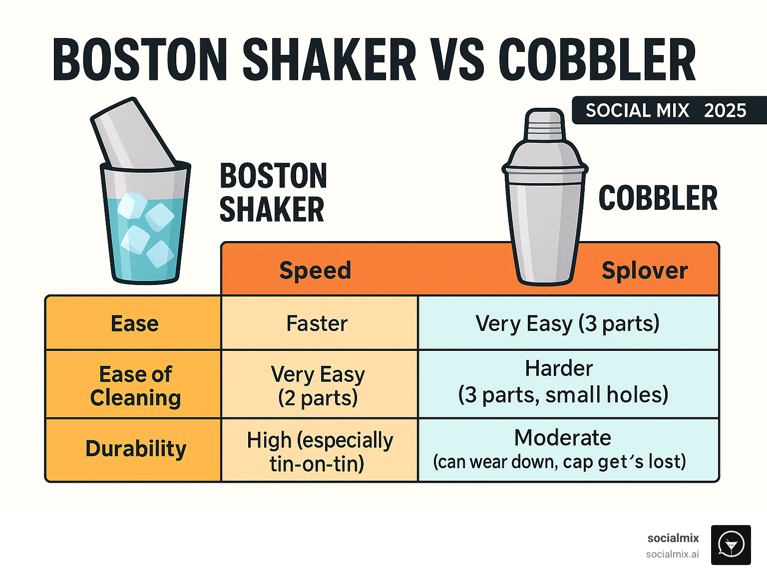 Table comparing Boston and Cobbler shakers on key practical factors - boston shaker vs cobbler infographic 