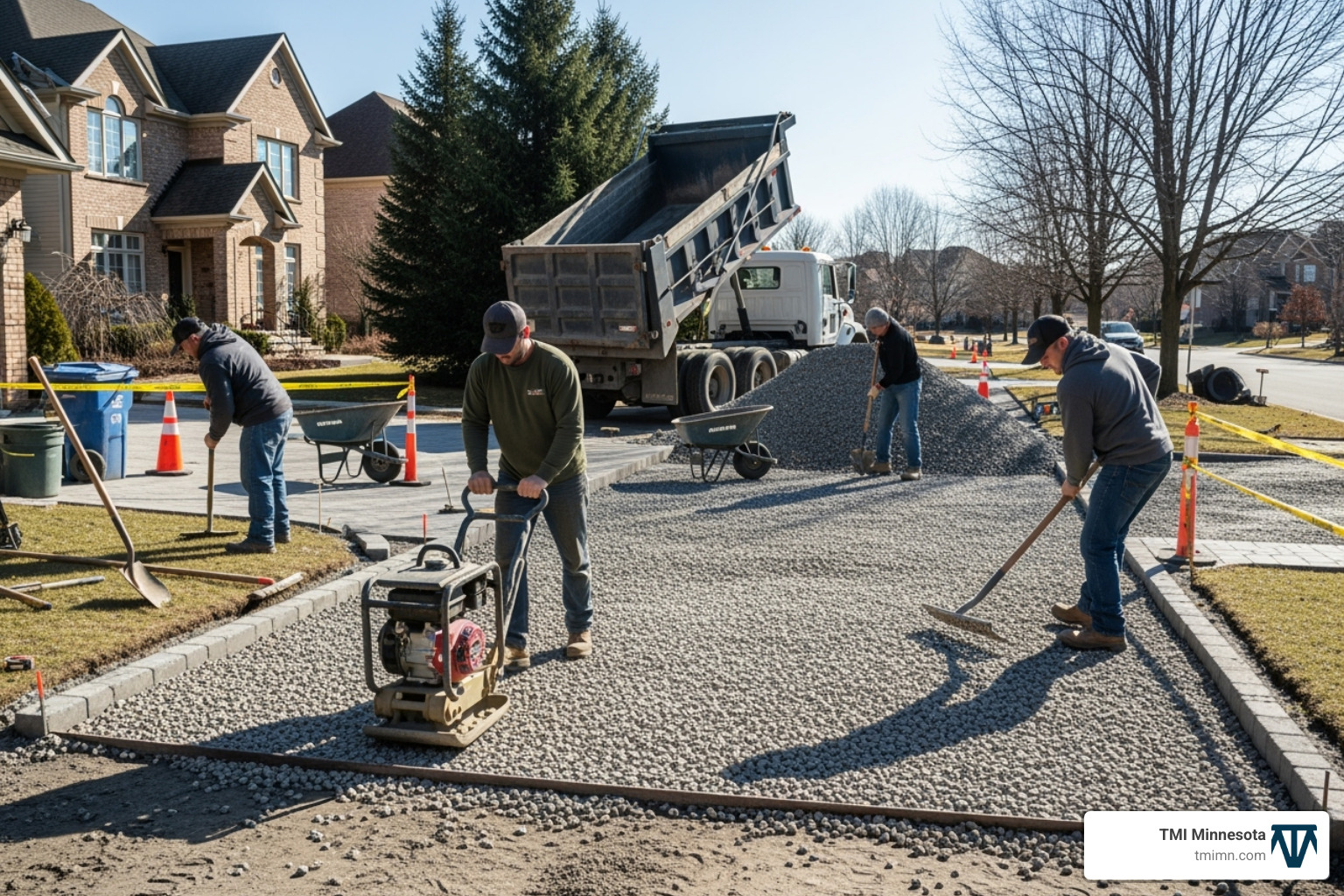 professional crew installing a paver driveway base - natural stone driveway professional crew installing a paver driveway base - natural stone driveway