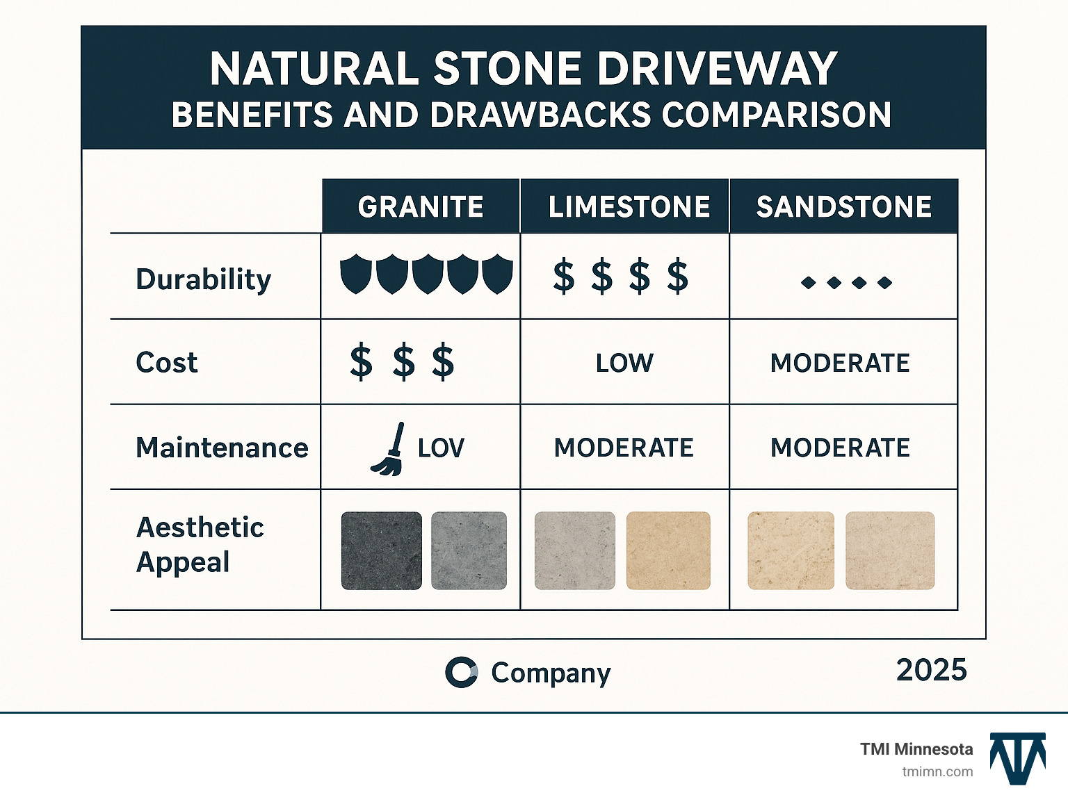 Natural Stone Driveway Benefits and Drawbacks Comparison showing durability ratings, cost factors, maintenance requirements, and aesthetic appeal across different stone types including granite, limestone, sandstone, and travertine - natural stone driveway infographic Natural Stone Driveway Benefits and Drawbacks Comparison showing durability ratings, cost factors, maintenance requirements, and aesthetic appeal across different stone types including granite, limestone, sandstone, and travertine - natural stone driveway infographic
