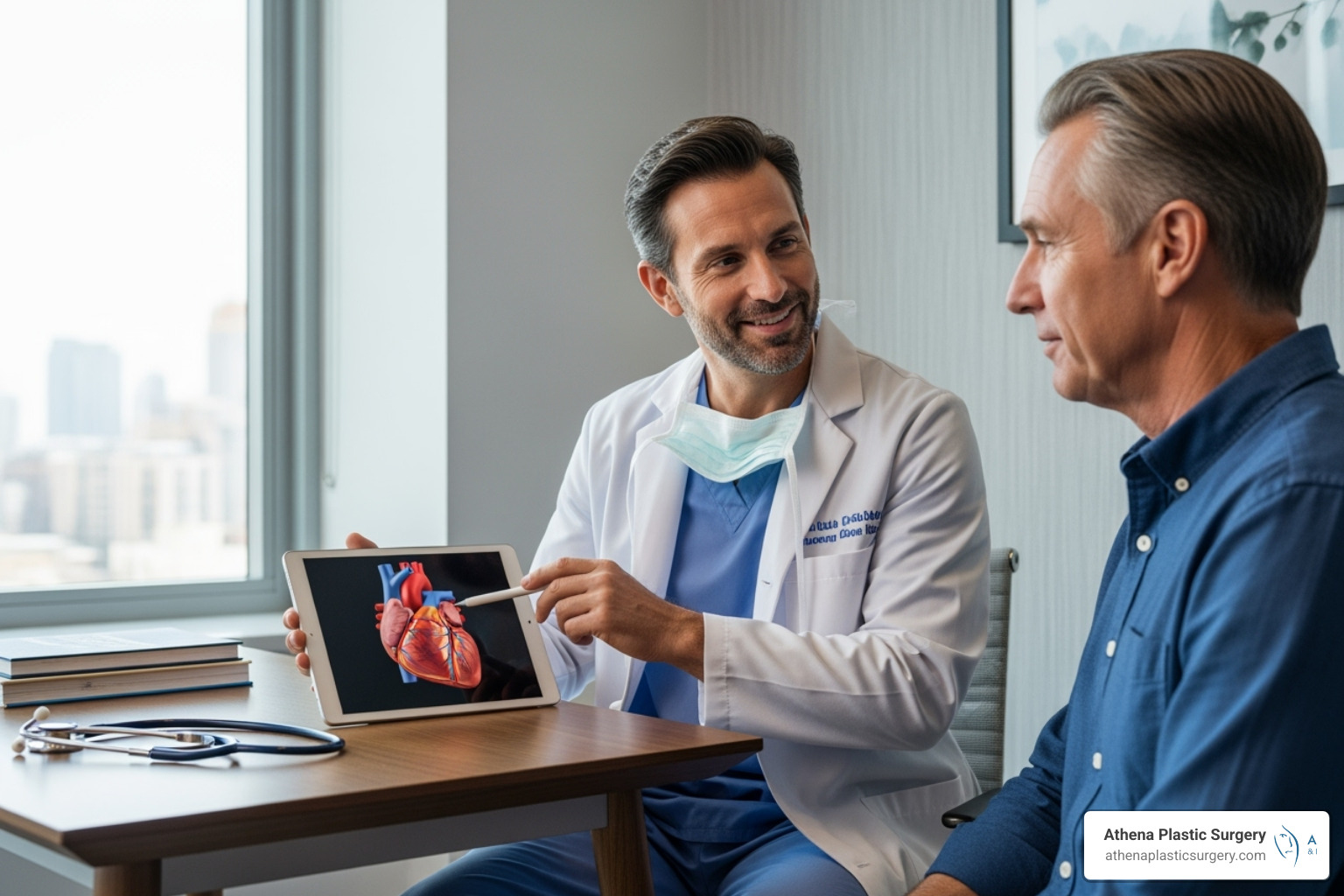 Compassionate surgeon consulting with a male patient - gynecomastia consultation near me Compassionate surgeon consulting with a male patient - gynecomastia consultation near me