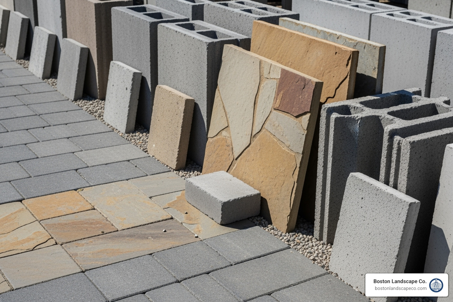 image of various hardscaping materials like pavers, natural stone, and concrete blocks - hardscape companies near me