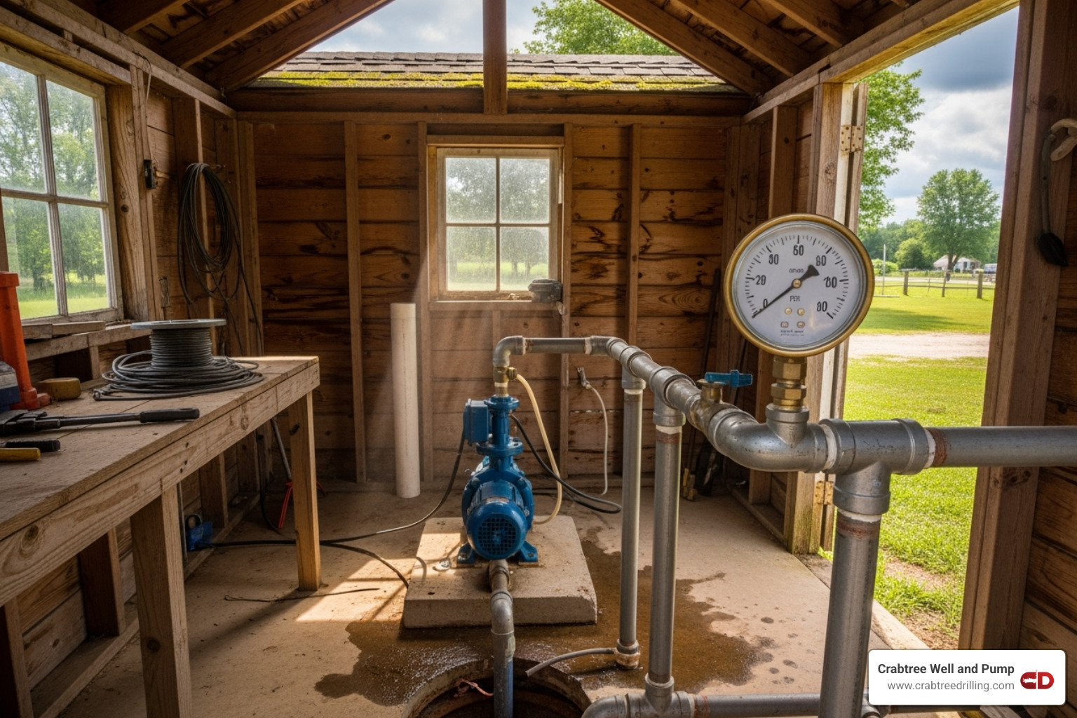 A jet pump installed in a well house with visible pipes and pressure gauge - water well pumps
