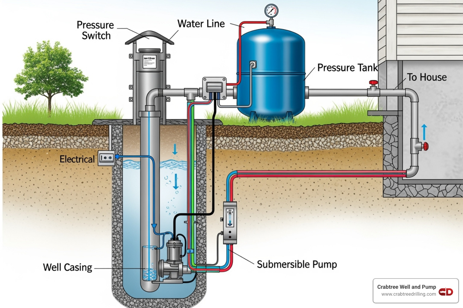Diagram showing a complete well pump system including the pump, pressure tank, pressure switch, and piping to the house - water well pumps
