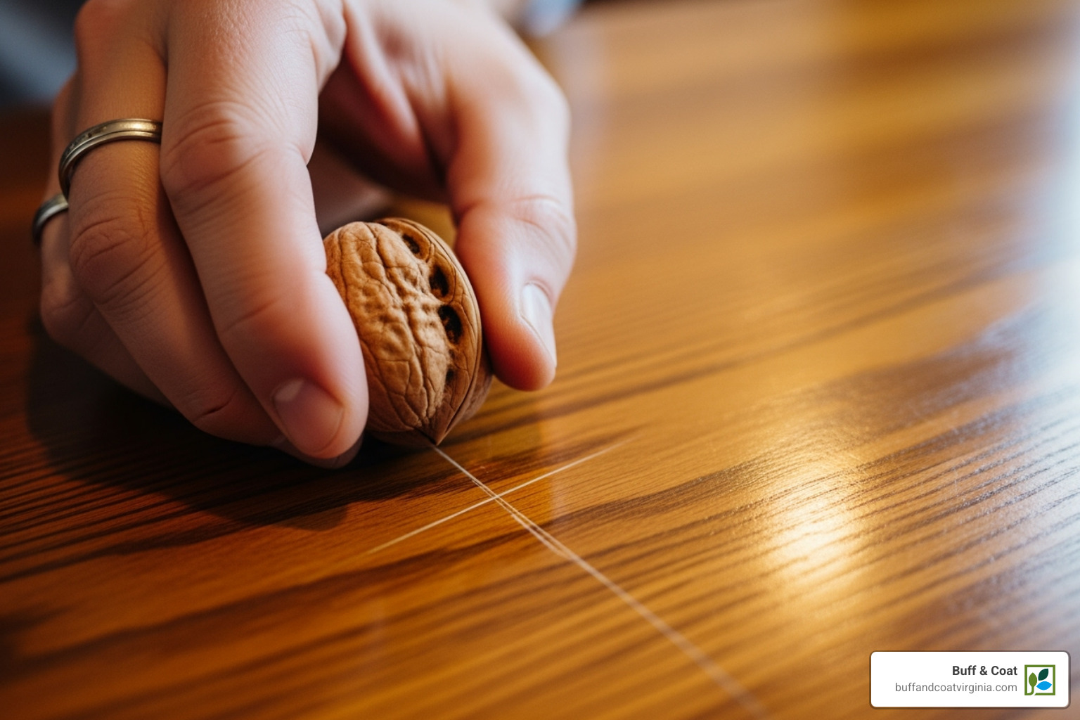 of a hand rubbing a walnut over a light scratch on a wood table - how to restore scratched wood of a hand rubbing a walnut over a light scratch on a wood table - how to restore scratched wood