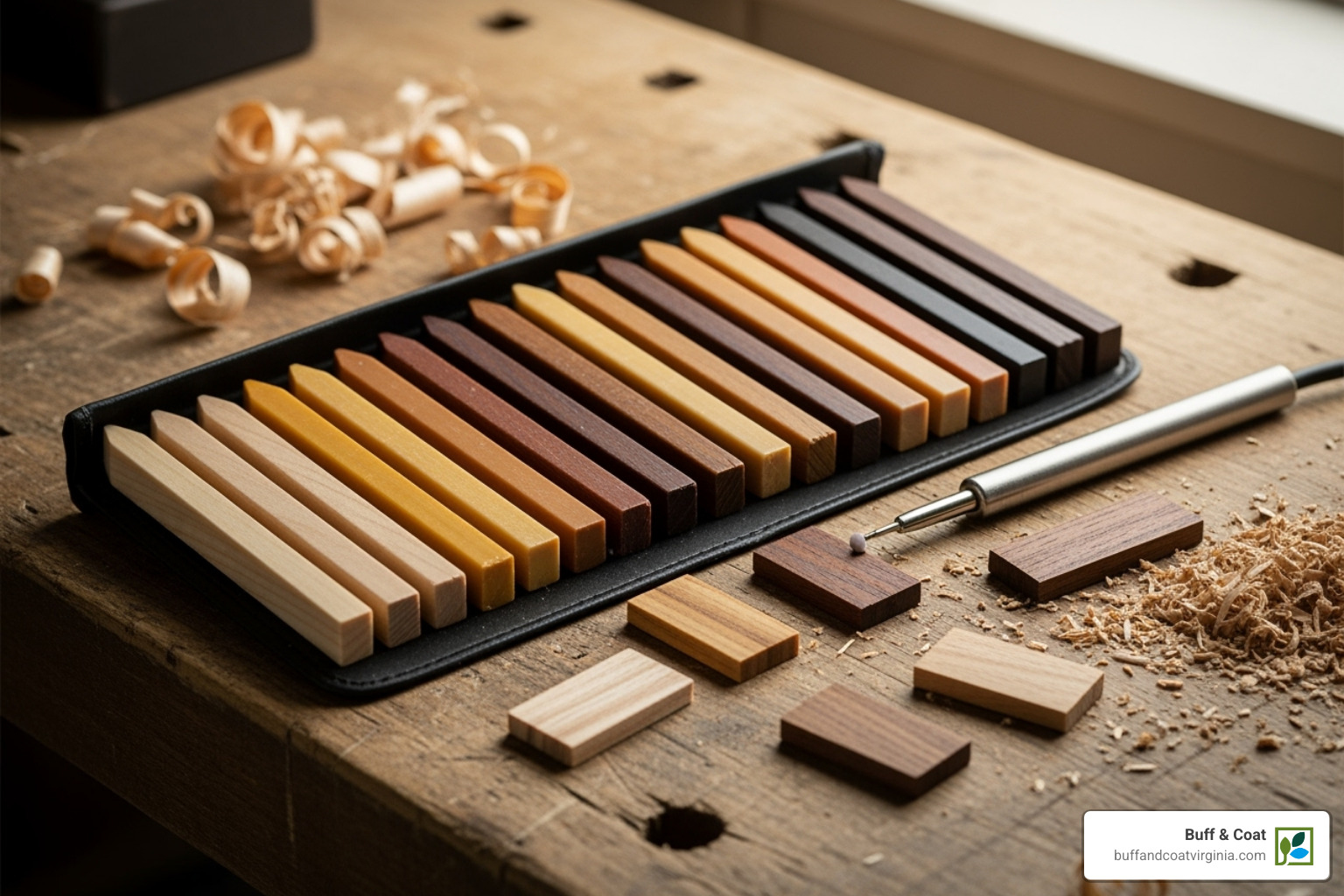 of a wood repair kit including wax crayons and filler sticks - how to restore scratched wood of a wood repair kit including wax crayons and filler sticks - how to restore scratched wood