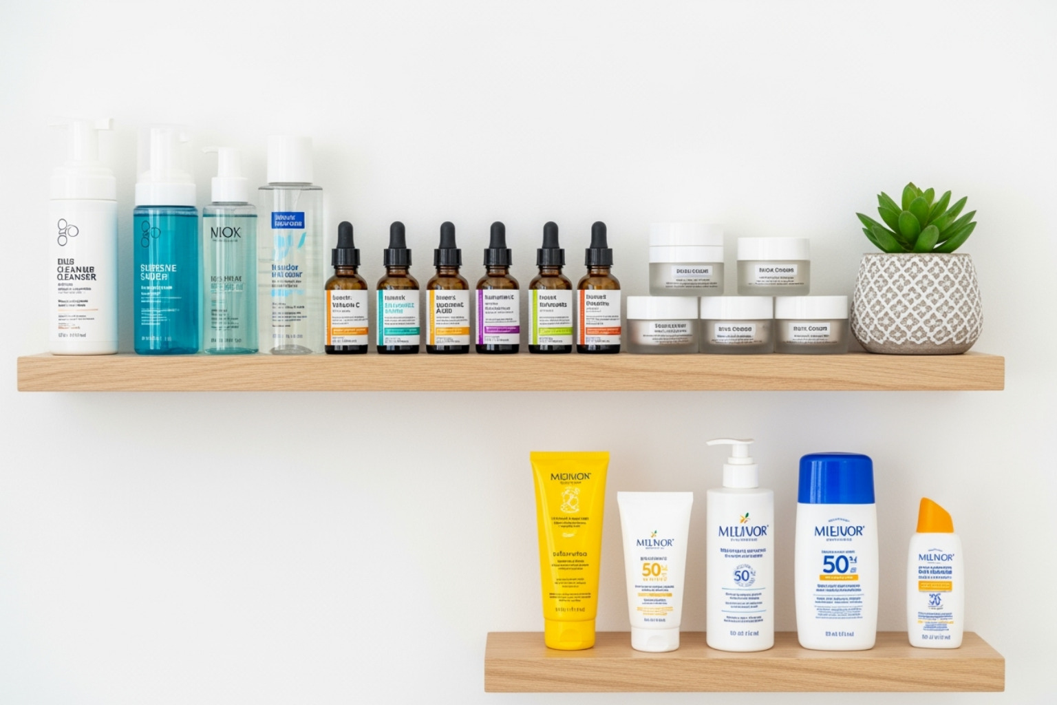 A well-organized skincare shelf with various products like cleansers, serums, and sunscreen - best treatment for shrinking pores