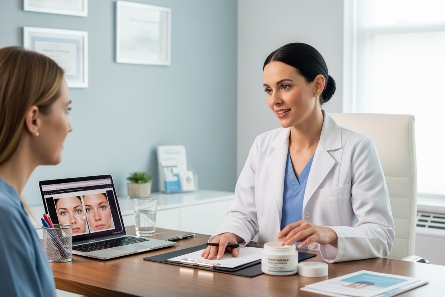 A dermatologist consulting with a patient about skincare - best treatment for shrinking pores