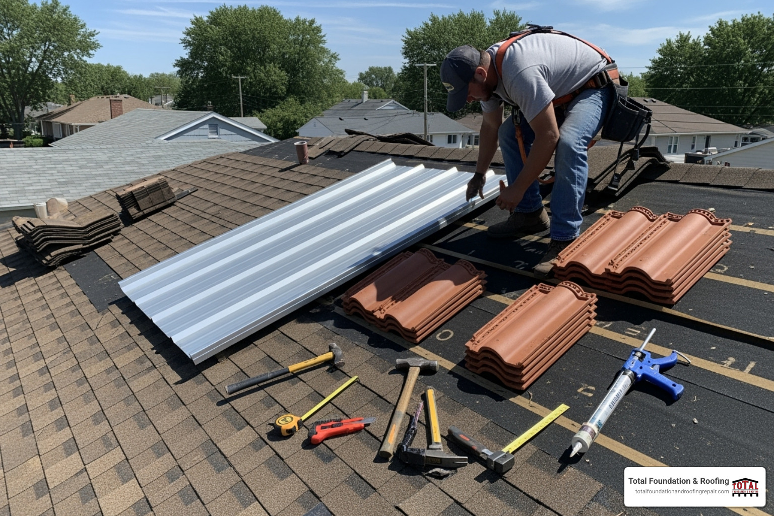 roofer installing various roofing materials - roof estimate cost