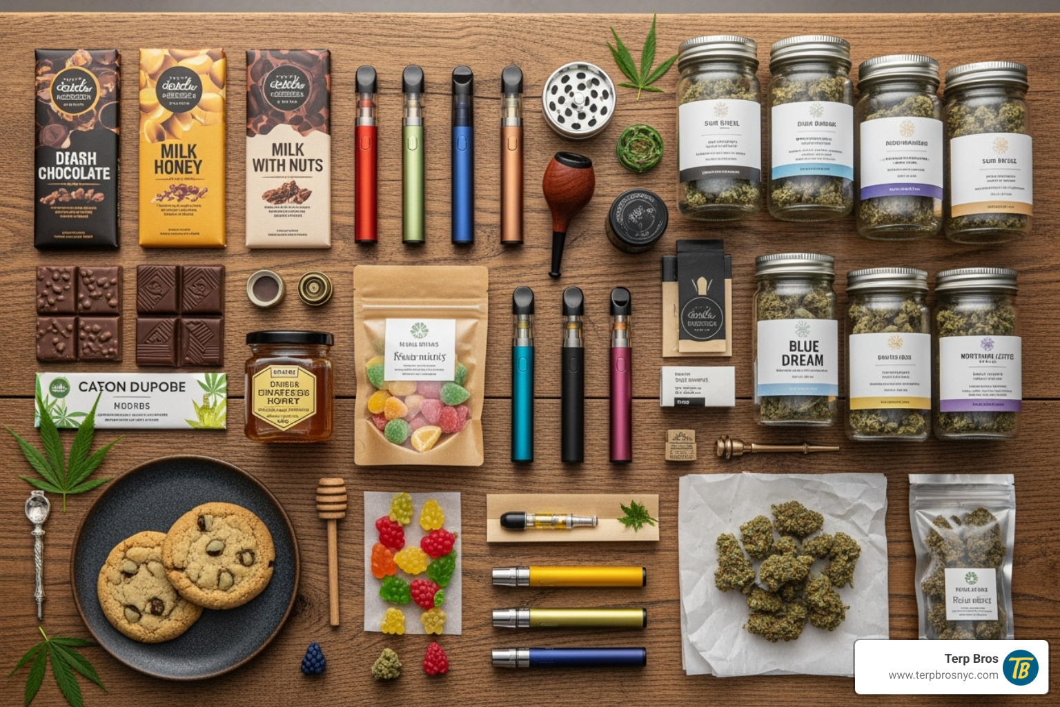 An artistic arrangement of various cannabis products, including edibles, flower, and vapes, showcasing product diversity.