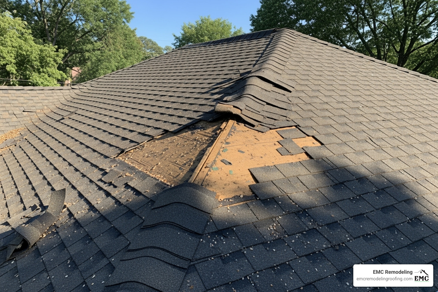 Curling and missing asphalt shingles on a roof - roofing contractor near me