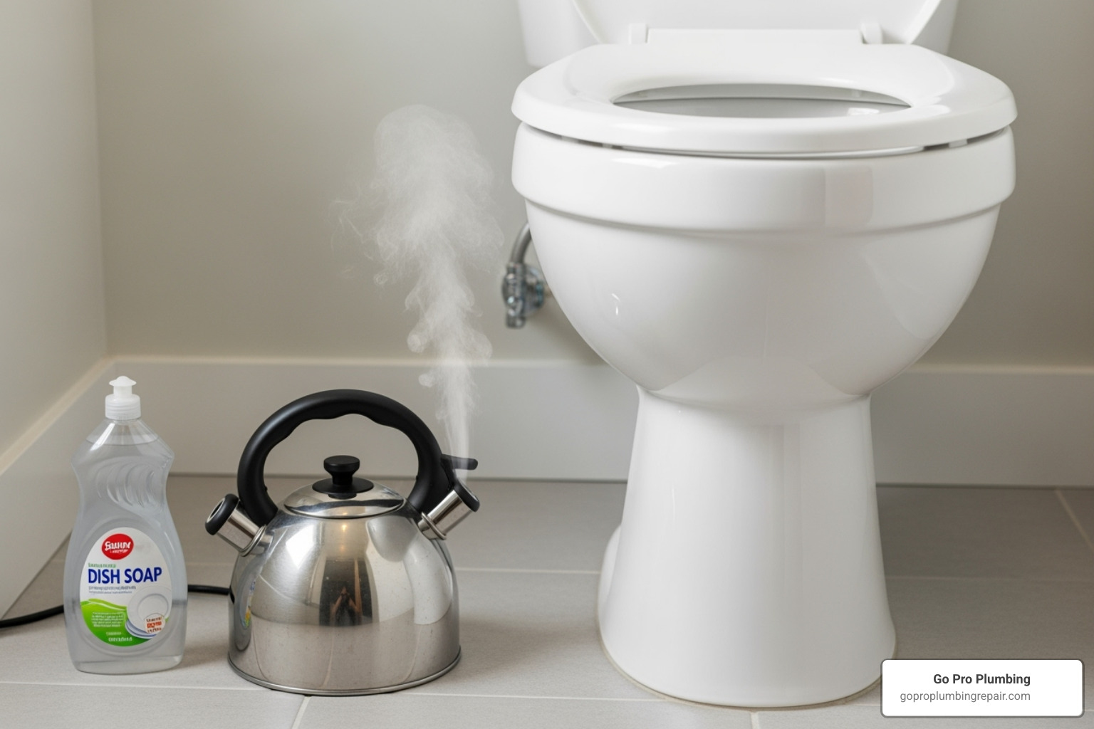 dish soap and a kettle of hot water next to a toilet - toilet drain cleaner