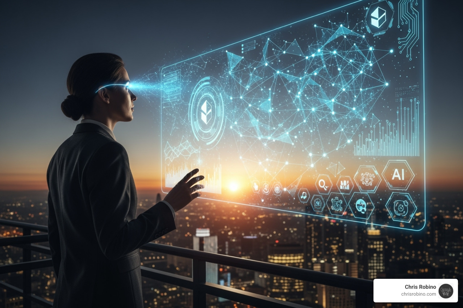 A professional looking towards a horizon with digital overlays representing future tech - emerging tech consultant