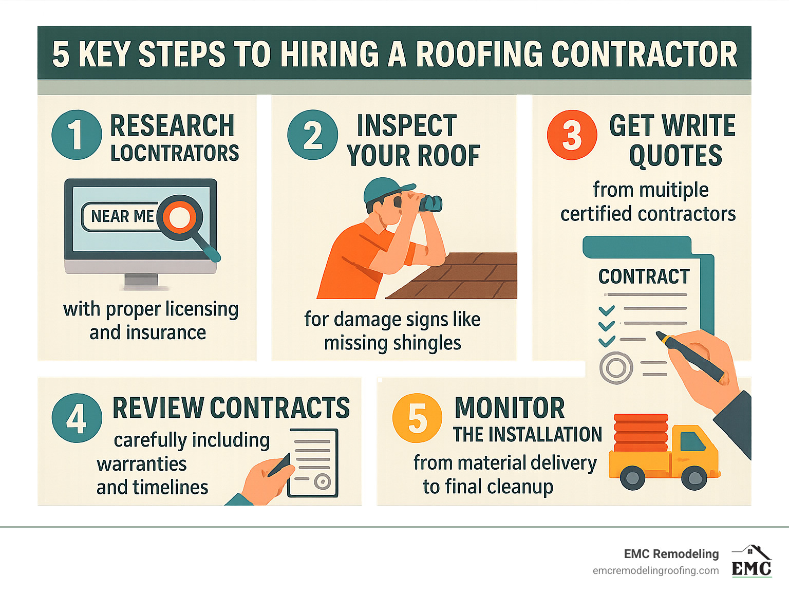 Comprehensive guide showing the 5 key steps to hiring a roofing contractor: 1) Research local contractors with proper licensing and insurance, 2) Inspect your roof for damage signs like missing shingles or leaks, 3) Get written quotes from multiple certified contractors, 4) Review contracts carefully including warranties and timelines, 5) Monitor the installation process from material delivery to final cleanup - roofing contractor near me infographic 