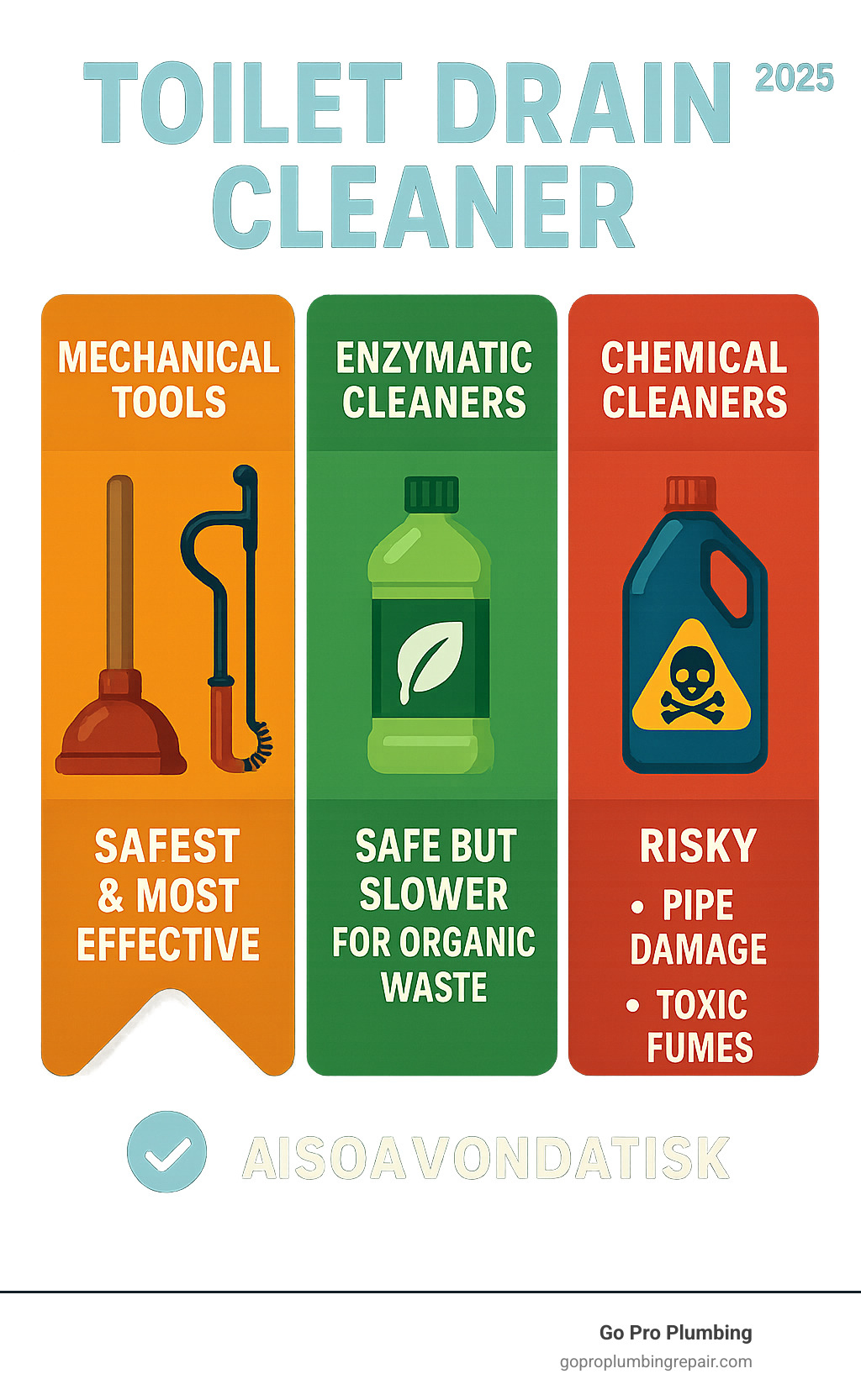 Comparison infographic showing three types of toilet drain cleaners: mechanical tools (plunger and auger) labeled as safest and most effective, enzymatic cleaners labeled as safe but slower for organic waste, and chemical cleaners labeled as risky with warnings about pipe damage and toxic fumes - toilet drain cleaner infographic 