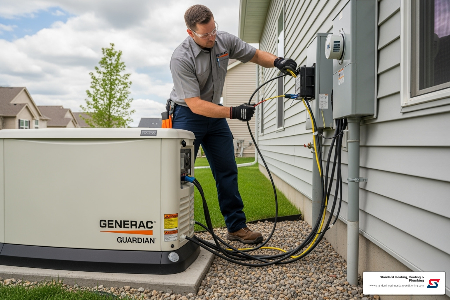 a certified technician connecting a generator to a home's electrical system - automatic standby generators