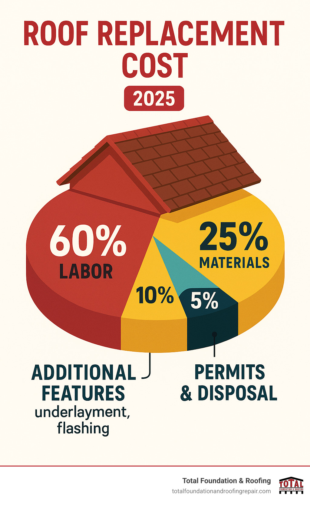 Detailed breakdown of roof replacement cost components showing 60% labor costs, 25% materials, 10% additional features like underlayment and flashing, and 5% permits and disposal fees - roof estimate cost infographic 