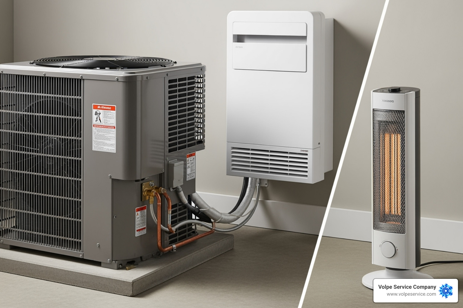 different HVAC units like a central AC, a ductless mini-split, and a portable heater - Climate control solutions