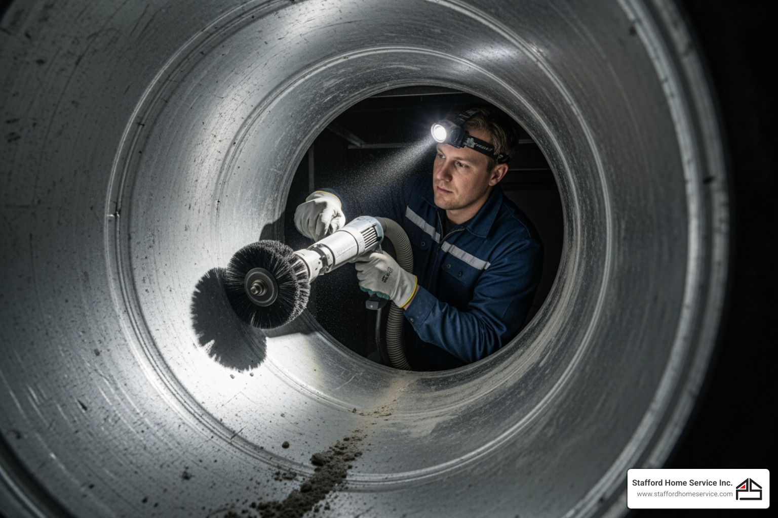 a technician carefully using a rotary brush tool inside a section of ductwork - ac duct cleaning minneapolis