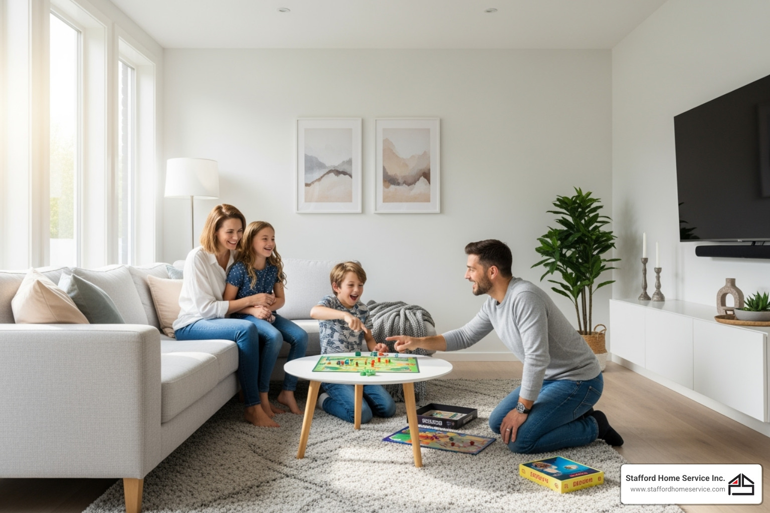 a family enjoying time together in a bright, clean home, looking healthy and happy - ac duct cleaning minneapolis