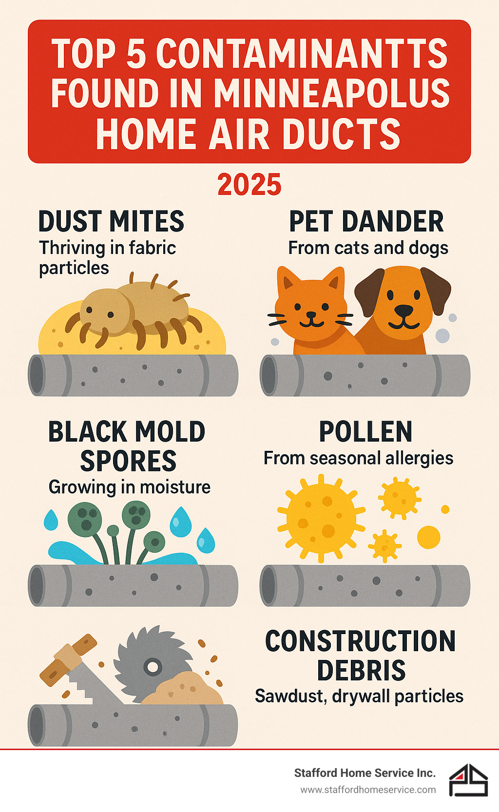 infographic showing the top 5 contaminants found in minneapolis home air ducts: dust mites thriving in fabric particles, pet dander from cats and dogs, black mold spores growing in moisture, yellow pollen particles from seasonal allergies, and construction debris including sawdust and drywall particles from home renovations - ac duct cleaning minneapolis infographic 