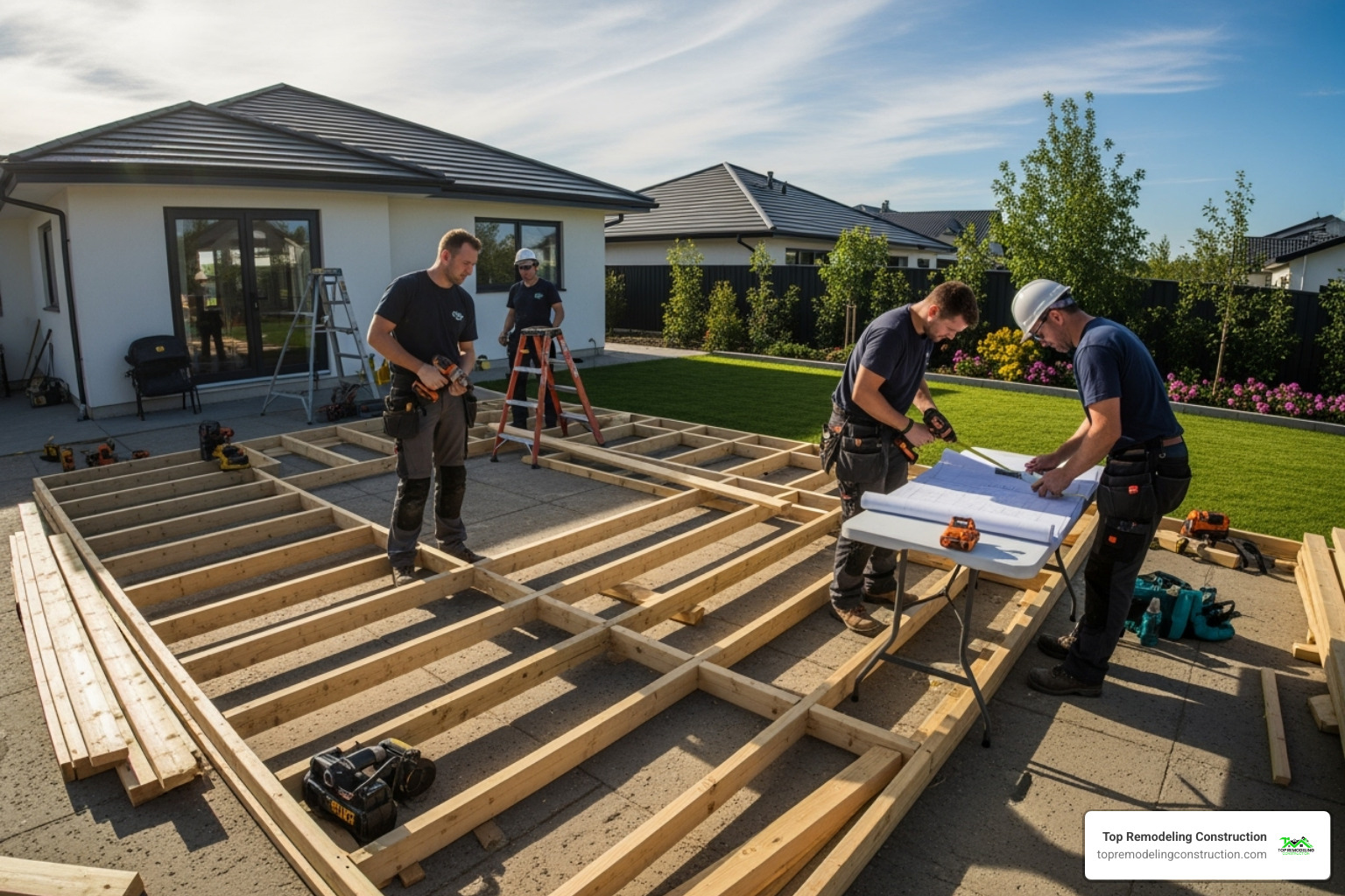 construction team working on a patio frame - Patio builders Las Vegas construction team working on a patio frame - Patio builders Las Vegas