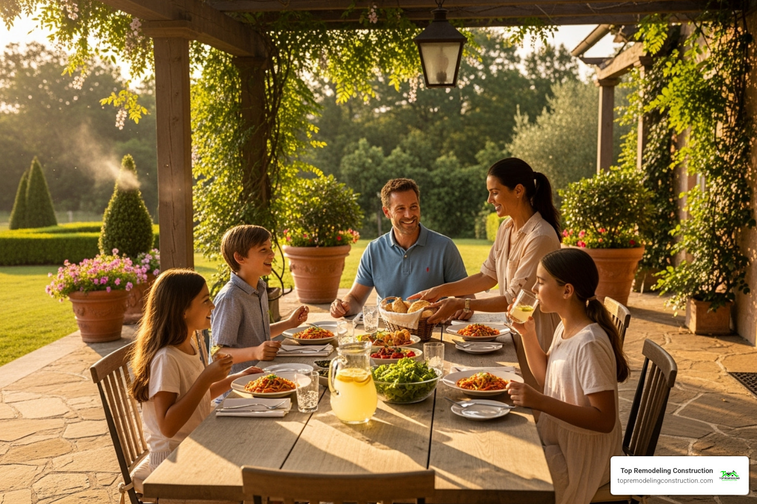 family enjoying a meal on a shaded patio - Patio builders Las Vegas family enjoying a meal on a shaded patio - Patio builders Las Vegas