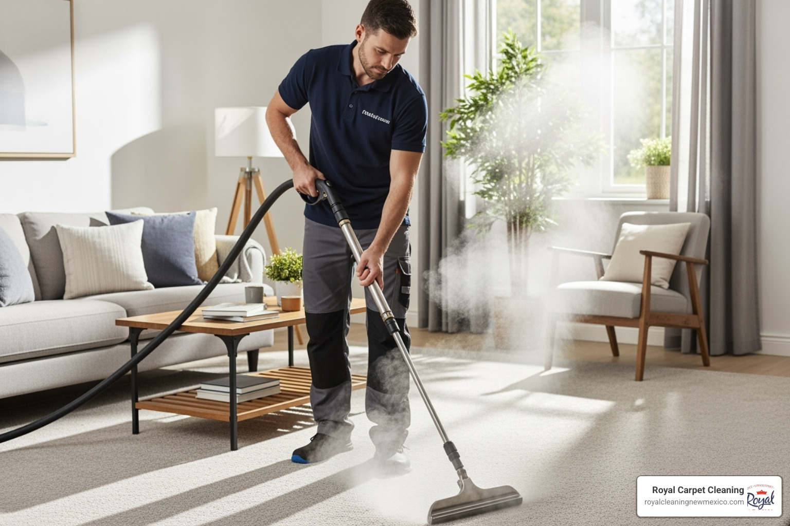 technician using a steam cleaning wand on a carpet - professional carpet cleaning Albuquerque