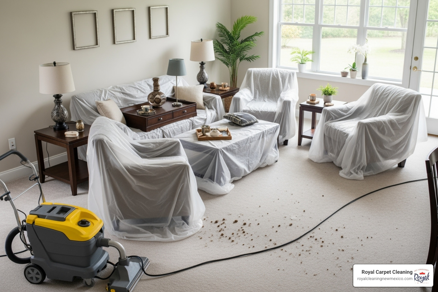 neatly prepared room with small items cleared and furniture moved to the center - professional carpet cleaning Albuquerque