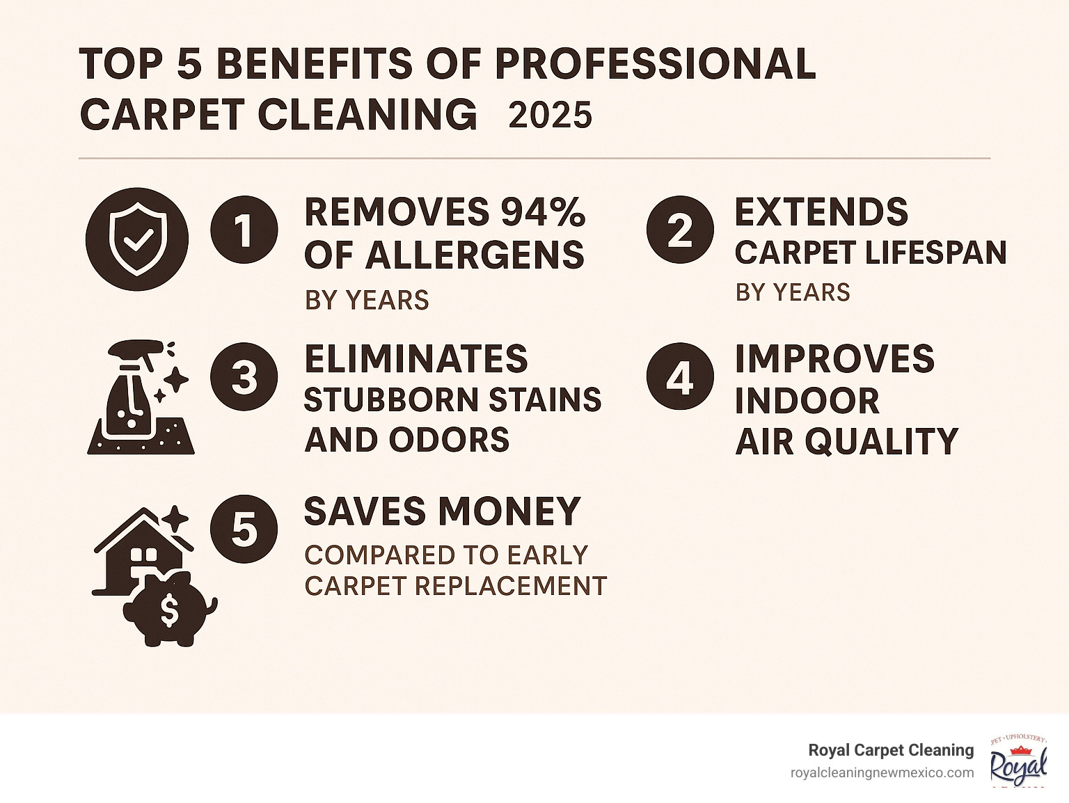 Infographic showing the top 5 benefits of professional carpet cleaning: removes 94% of allergens, extends carpet lifespan by years, eliminates stubborn stains and odors, improves indoor air quality, and saves money compared to early carpet replacement - professional carpet cleaning Albuquerque infographic 