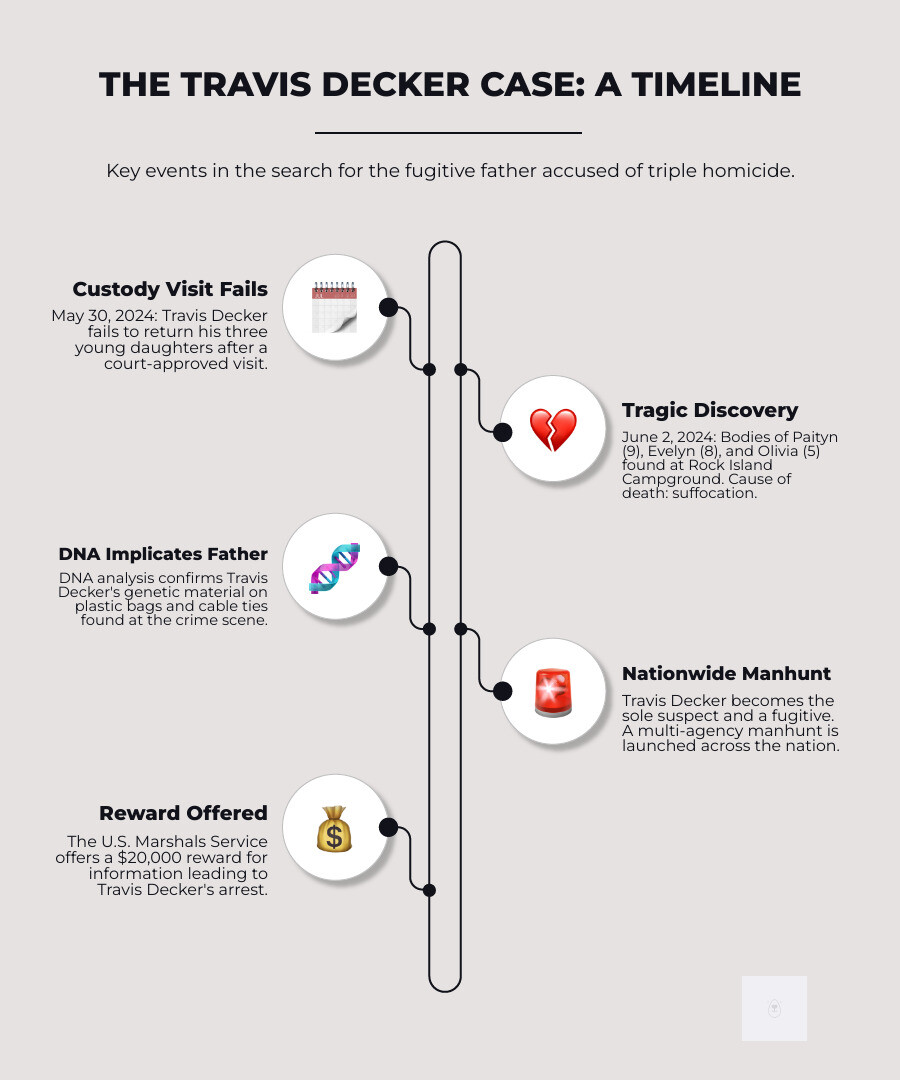 Comprehensive timeline infographic showing Travis Decker case progression from May 30 custody visit through June 2024 finding of victims to ongoing 2024 manhunt with DNA evidence confirmation and reward details - travis decker infographic infographic-line-5-steps-neat_beige