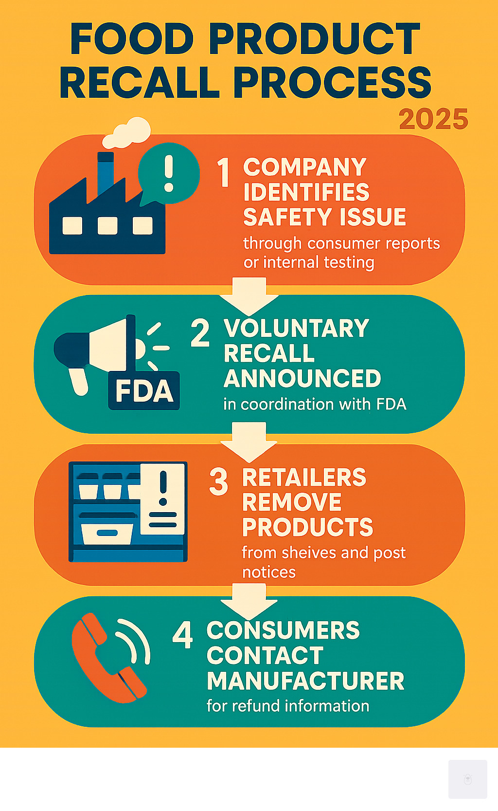 Infographic showing the 4-step food product recall process: 1) Company identifies safety issue through consumer reports or internal testing, 2) Voluntary recall announced in coordination with FDA, 3) Retailers remove products from shelves and post notices, 4) Consumers contact manufacturer for refund information - target yoghurt recall infographic 