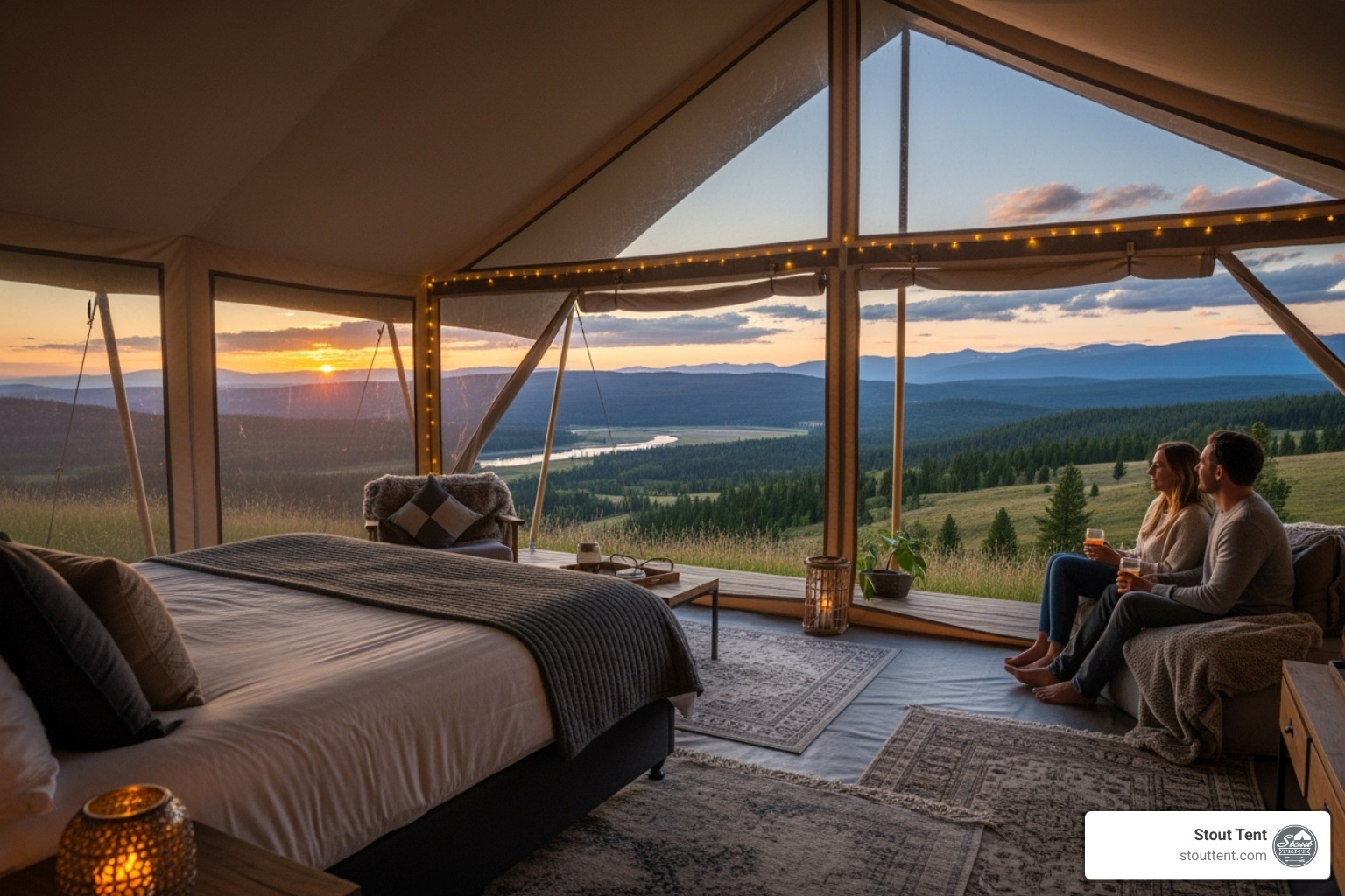 A couple enjoying the view from a luxurious glamping tent overlooking a vast, scenic landscape, blending comfort with nature - High end glamping